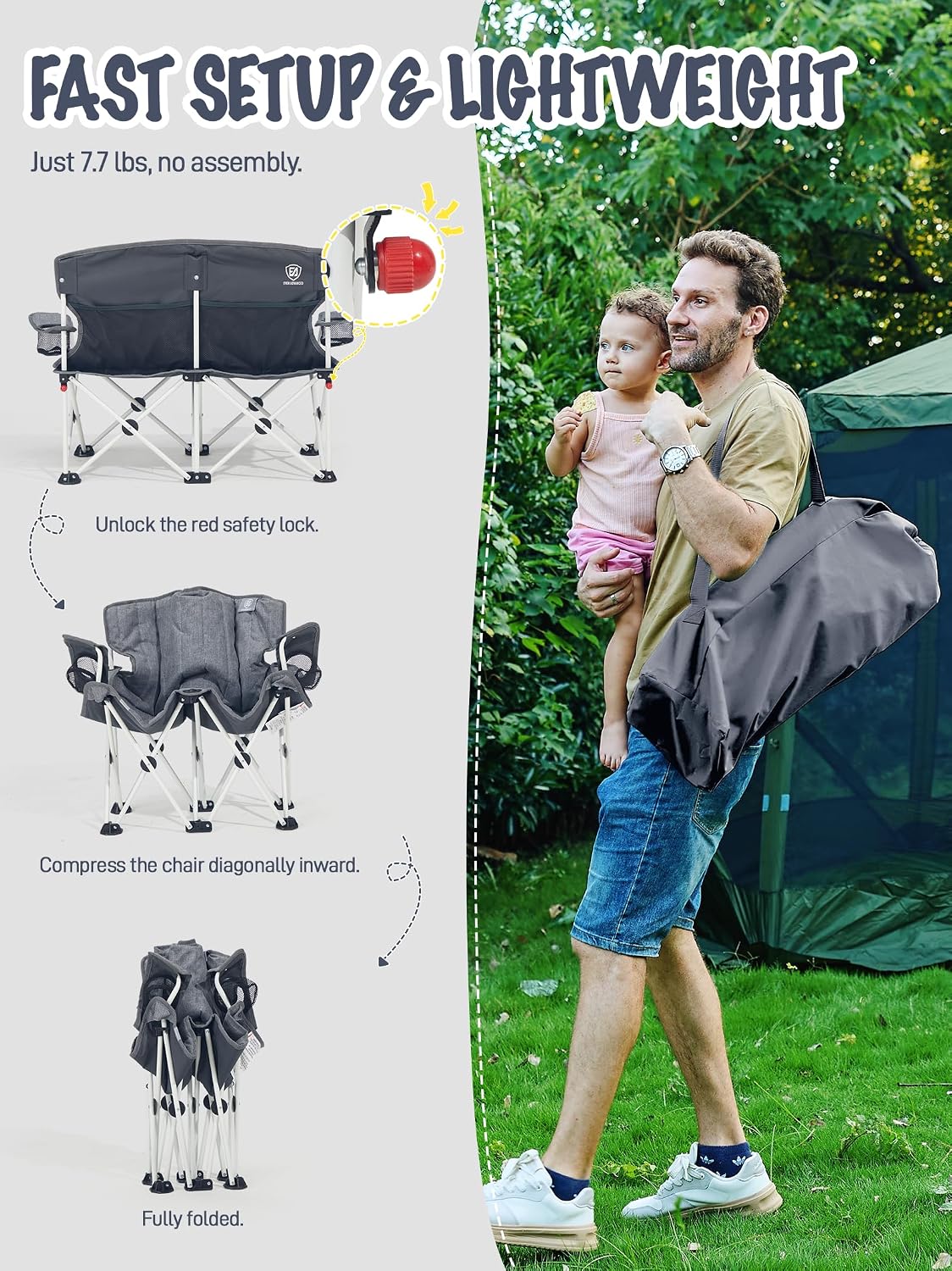 EVER ADVANCED Kids Double Camping Chair with Cupholders Safety Lock, Padded Kids Folding Chair Outdoor with Mesh Pocket, Lightweight Portable Two Person Loveseat for Beach, Supports 300lbs, Grey