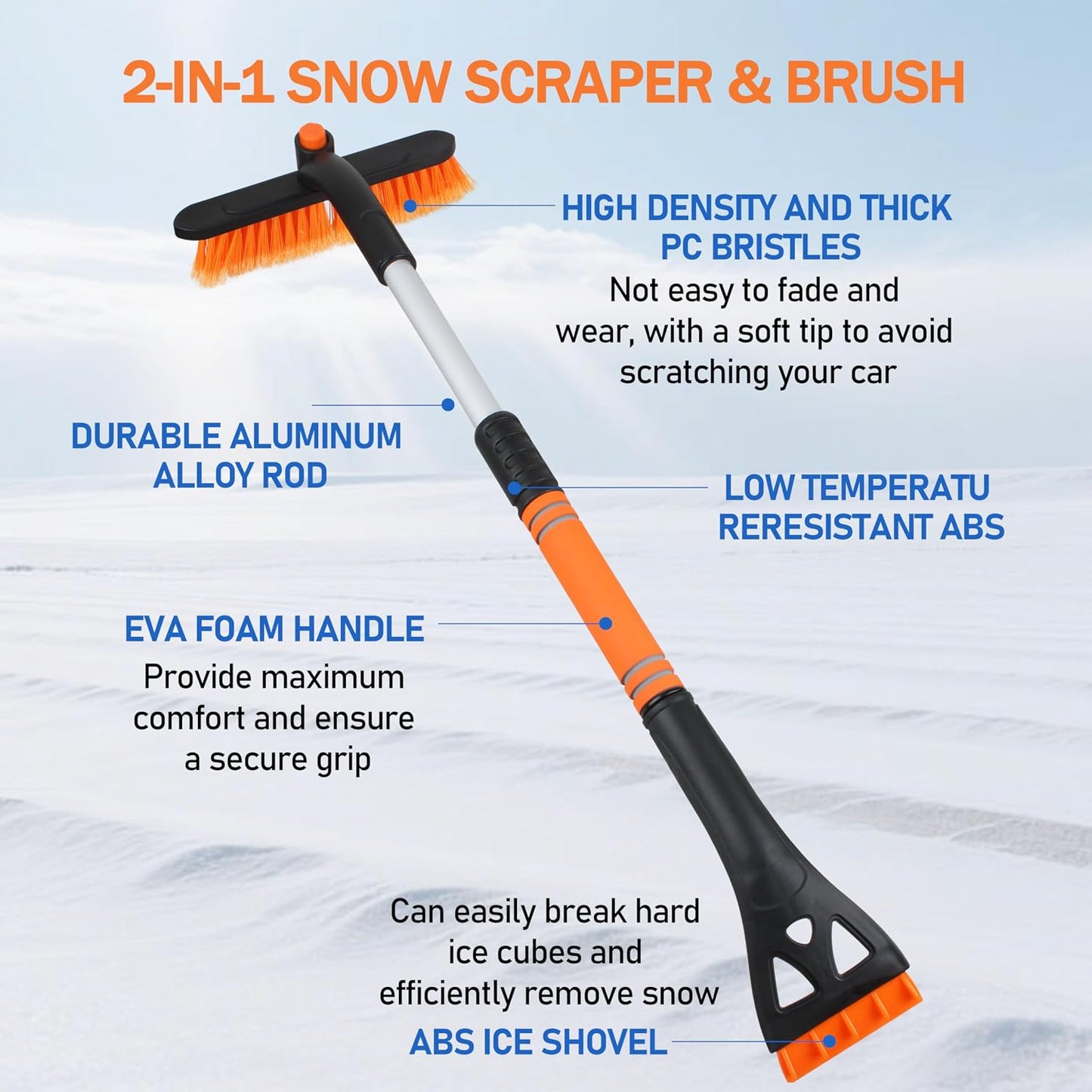 30.7" Snow Brush and Ice Scrapers for Car Windshield Detachable Snow Scrapers with Foam Grip 360° rotatable for Cars, Trucks, SUVs 1Pcs Orange