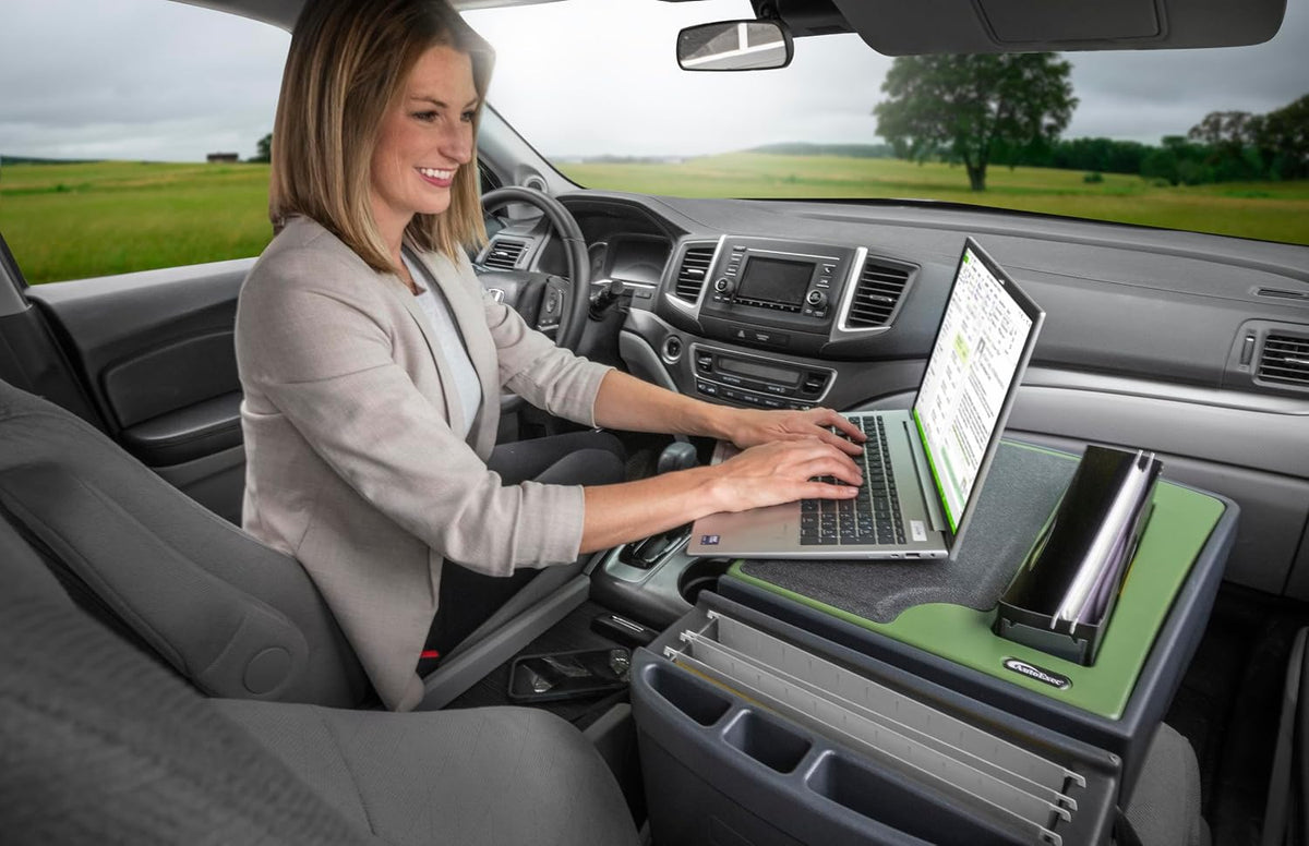 AutoExec Efficiency FileMaster Car Desk for Your Vehicle Workstation and Mobile Office, Army Green with 400 watt Power Inverter