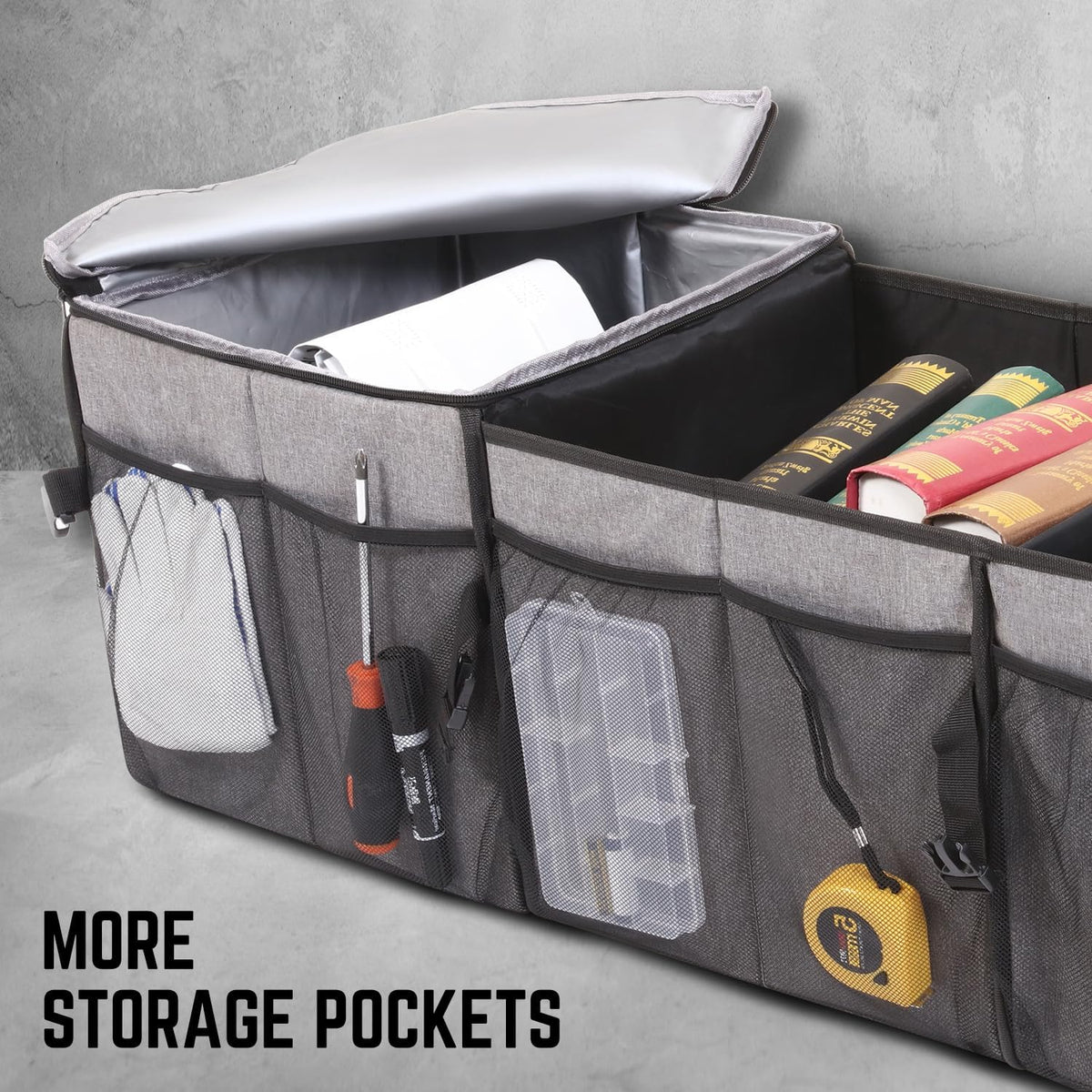DNA Motoring Trunk Organizer for Car, 90L Large Capacity Foldable Trunk Organizer, Multi Compartment Car Trunk Organizer for Women Men, Grey, TOOLS-00421
