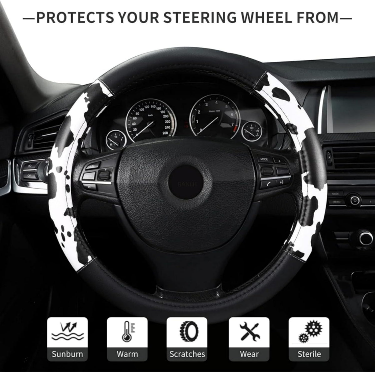 Cow Print Steering Wheel Cover, Universal 15 Inch Cute Steering Wheel Cover for Women, Breathable Anti-Slip Car Steering Wheel Protector, Fashion Auto Interior Accessories for Cars, SUVs & Trucks