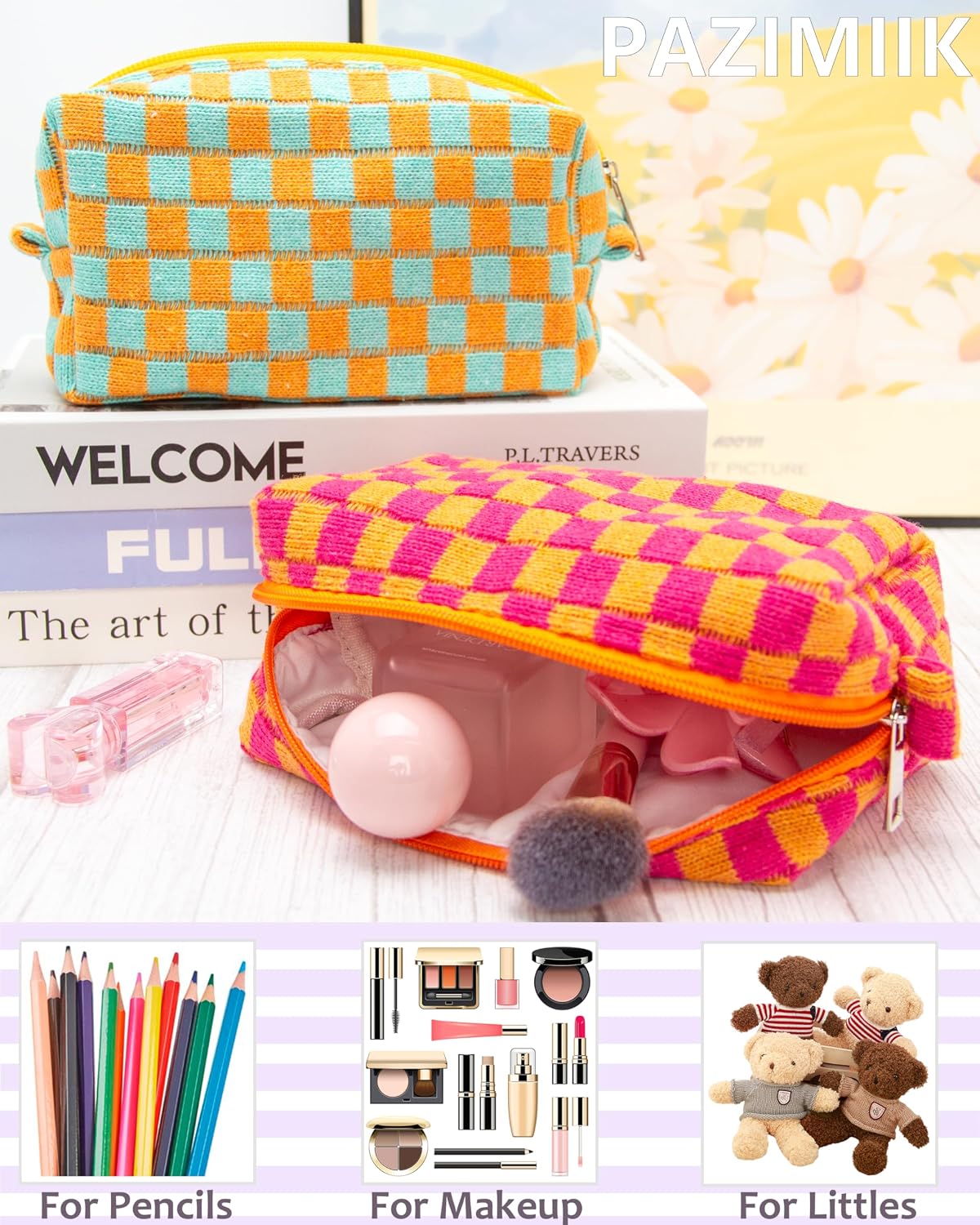 Checkered Makeup Bag for Purse, Small Cosmetic Pouch,Red Orange,6 Pack