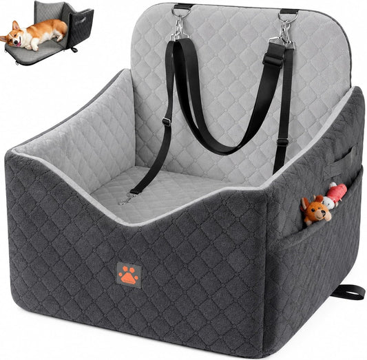 Dog Car Seats for Small/Medium Dogs, Puppy Car Seat with Side Opening, Thick Cushion, Detachable Washable Dog Carseat with Storage Pockets for Dogs Up to 35lbs (Grey)