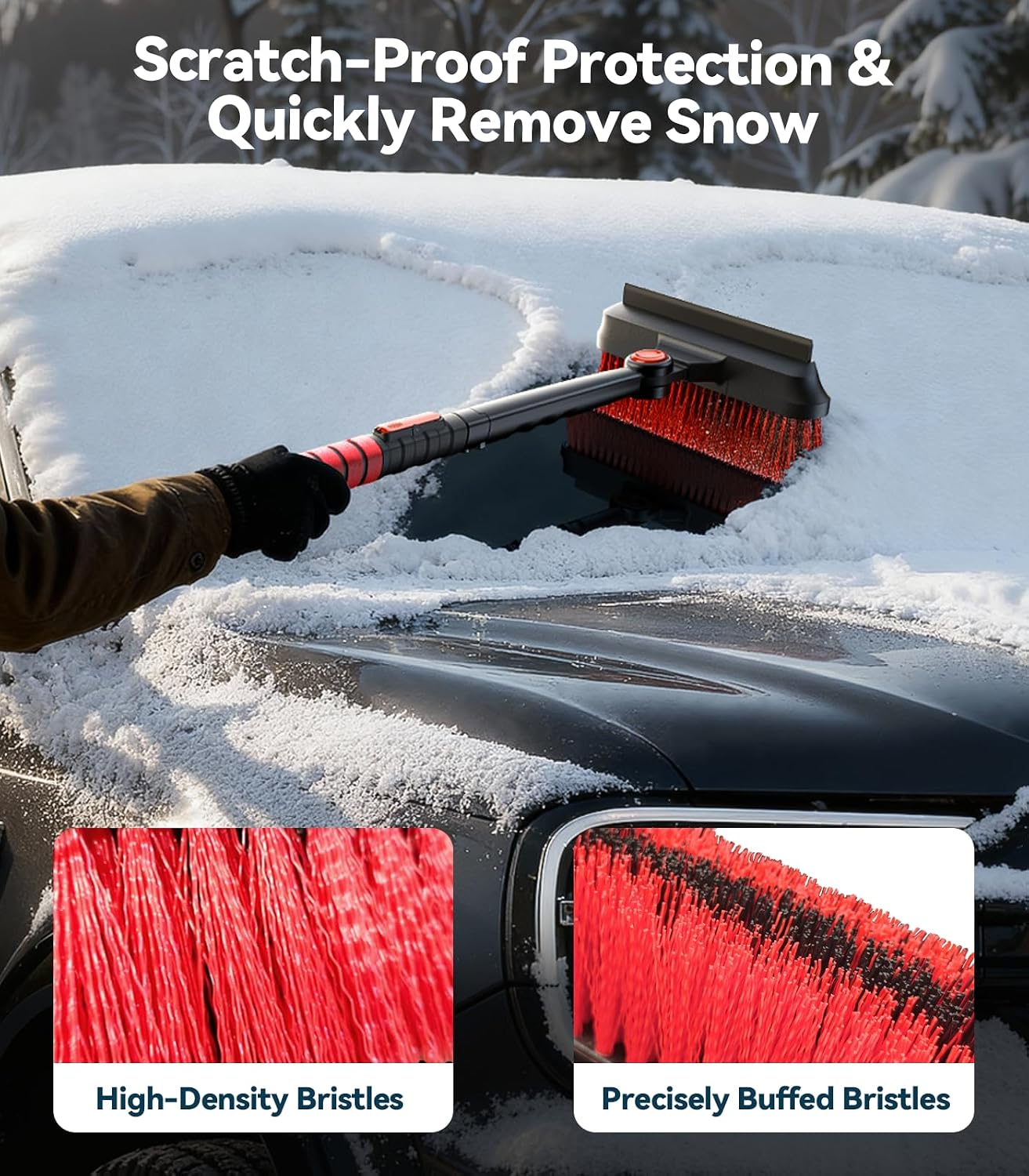 TrySpace All-Around High-Efficiency Cleaning 39 inch Extendable Snow Brush and Ice Scraper with Squeegee, Ice Scrapers for Car Windshield, Truck, SUV Snow Removal Tool, Winter Car Accessories
