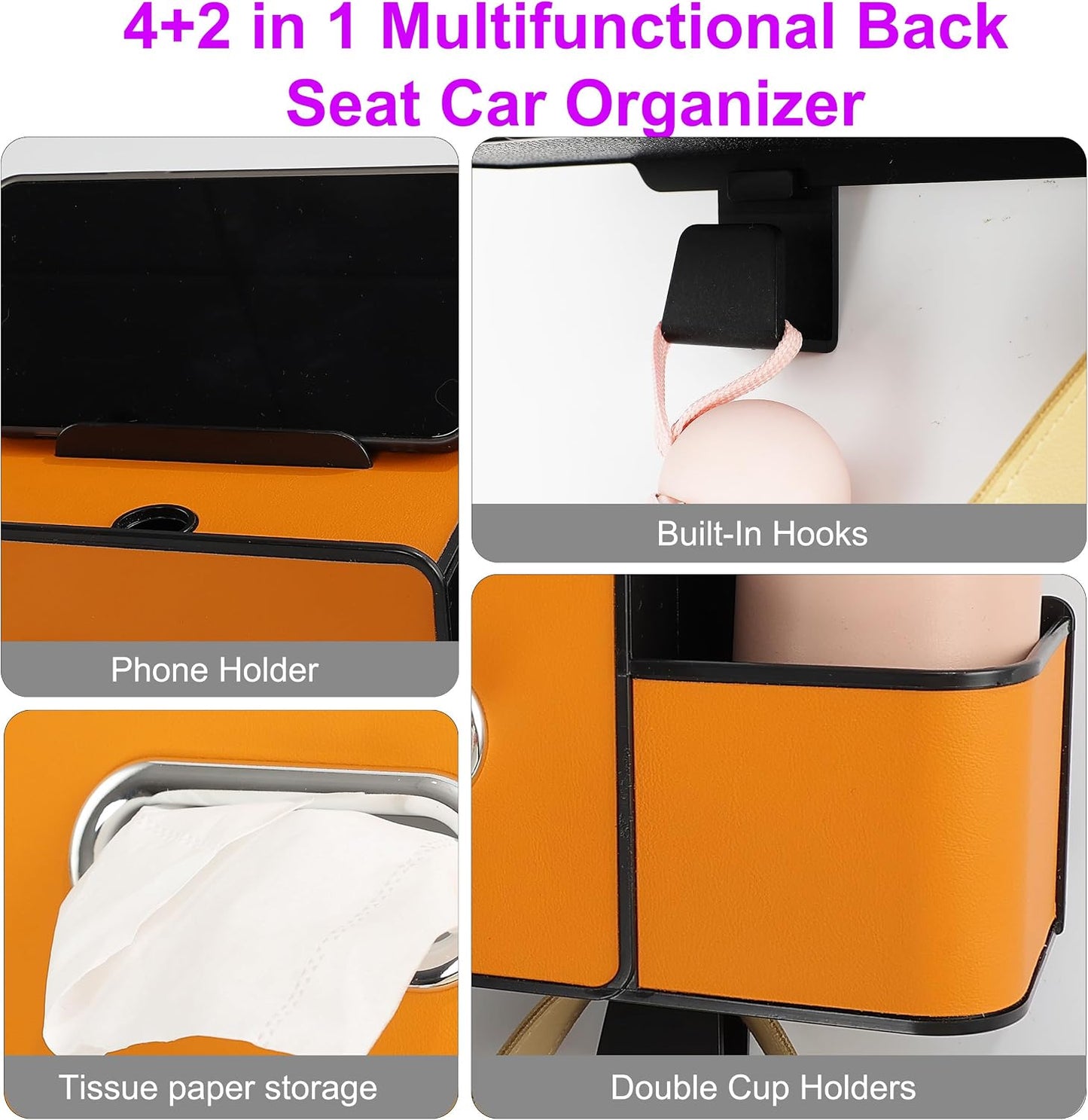 Amooca Back Seat Car Organizer, 4+2 in 1 Multifunctional Car Backseat Storage Box with 5 Cup Holders Tissue Box Hook, Car Interior Storage for Travel Phones Snacks Drinks(Orange)