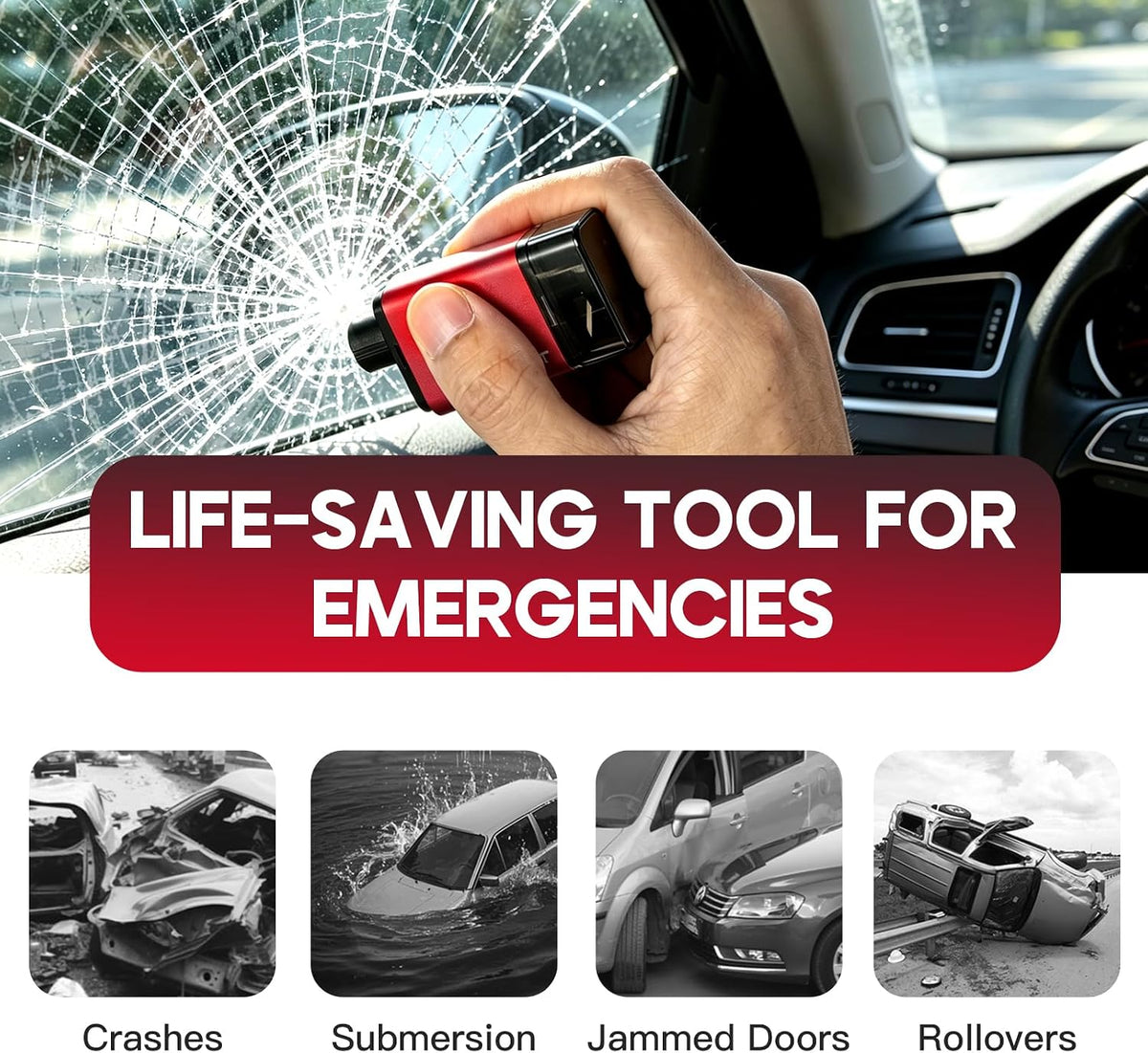 2-in-1 Car Emergency Escape Tool, 2026 Upgraded Safehammer Window Breaker with Seatbelt Cutter, Underwater Usable Glass Breaking Safety Accessory, Fixed on Car Seatbelt，Red，1PCS