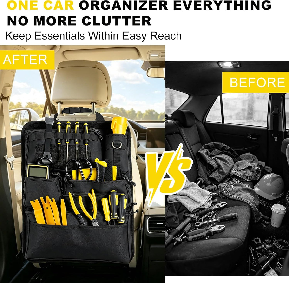 Universal Car Seat Back Organizer with 7 Storage Pockets, Black