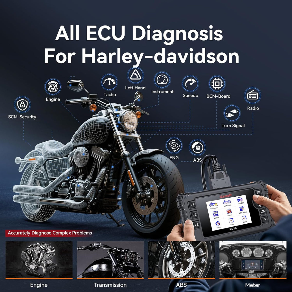 iCarsoft MT V6 Motorcycle Diagnostic Scan Tool for Harley, 57 Reset Services, 43 Actuation Test, Battery Test, All Motorbike System Diagnose, Read/Clear Codes, Live Data,Also Car OBD2 Diagnose