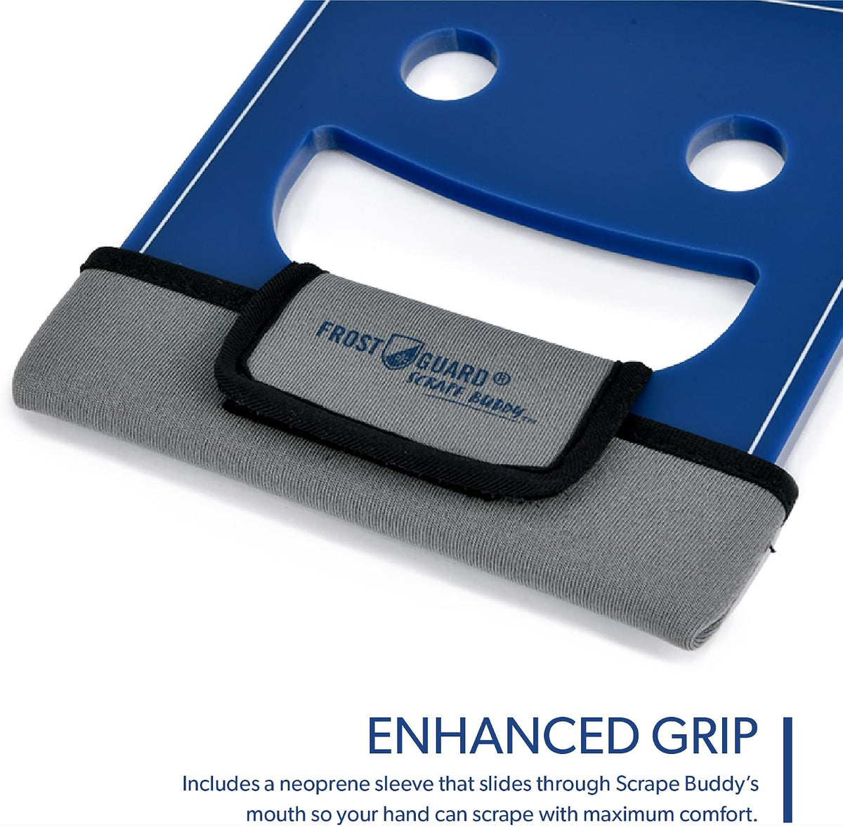 FrostGuard Scrape Buddy Car Ice Scraper Scrape with a Smile - Quickly Remove Frost, Ice and Snow from Your Vehicle Windows and Wiper Blades - Acrylic with Comfort Neoprene Sleeve - Blue Frost