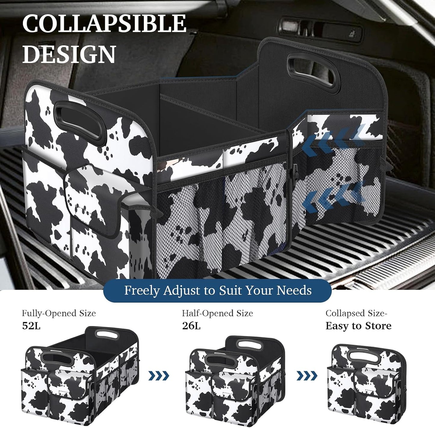 Femuar Car Trunk Organizer, Cow Print, Vintage Style, 52L Capacity, 4 Compartments, Waterproof, Non-Slip, Collapsible, 22.5"D x 18"W x 10.8"H