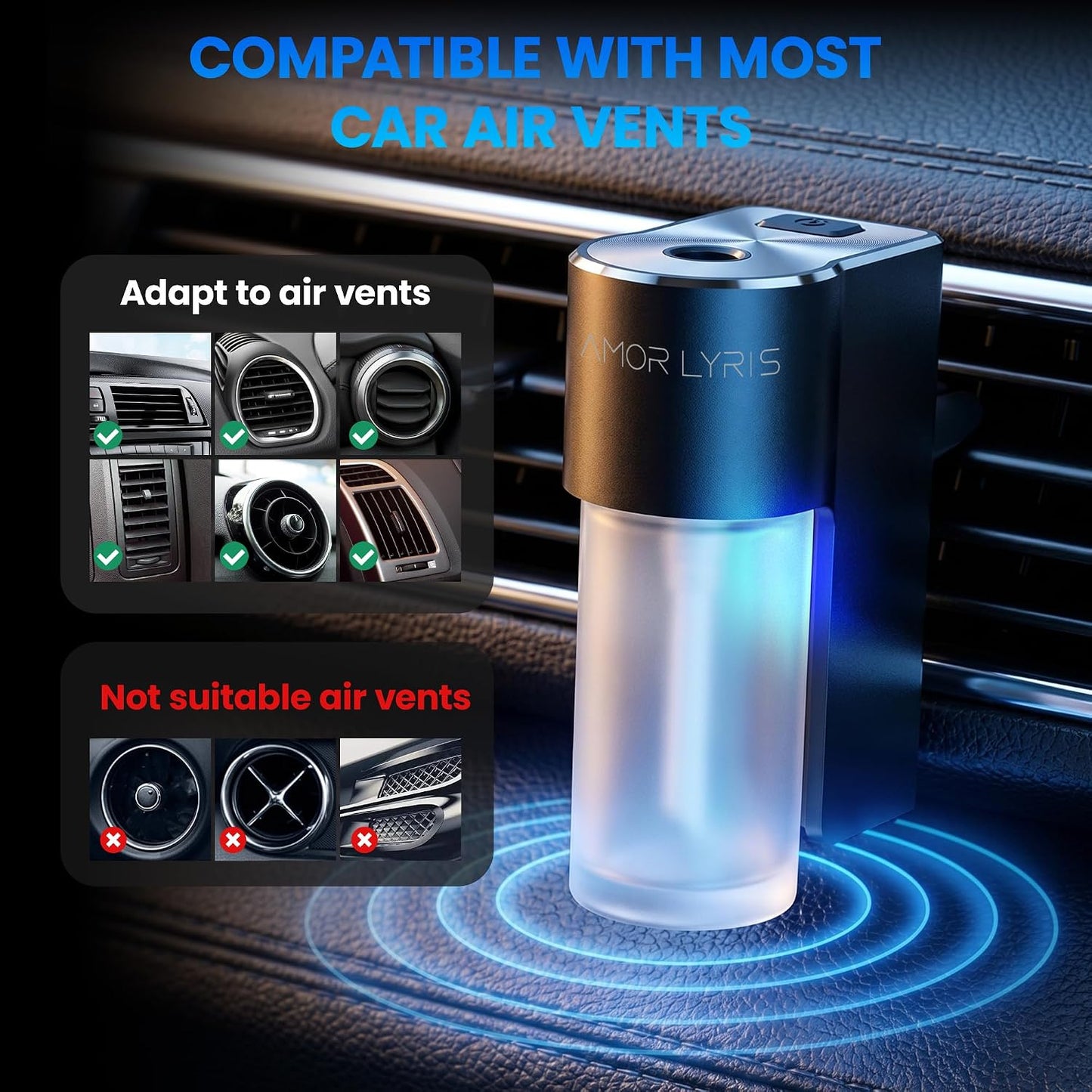 Car Air Freshener Diffuser, Smart Car Vent Air Freshener, 3 Speed Adjustable, Rechargeable, Intelligent Auto On/Off, Long Lasting Fragrance, 3 x 10ml Essential Oils, Ocean