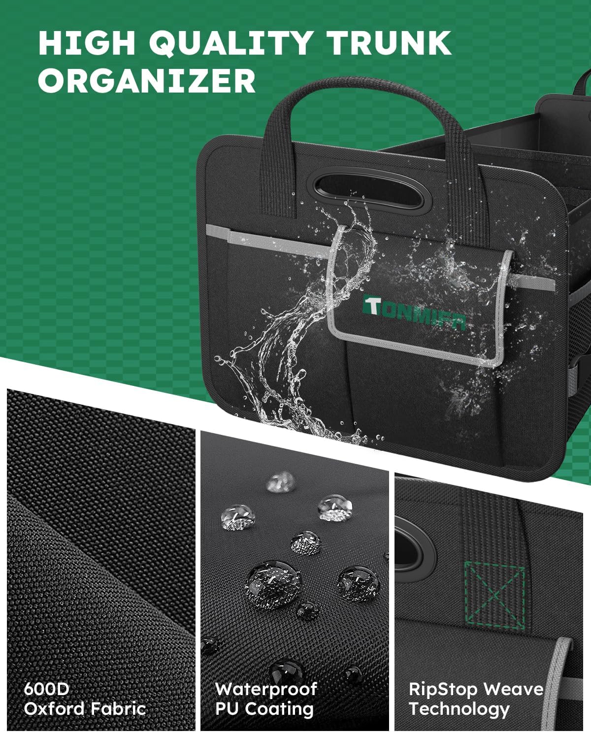 2-Compartment Trunk Organizer & Multi-Compartment Storage Box 600D Waterproof Oxford, with Reflective Strips and 8 Side Mesh Pockets for SUV, Sedan, Minivan- Heavy-Duty Car Organiser(65L)