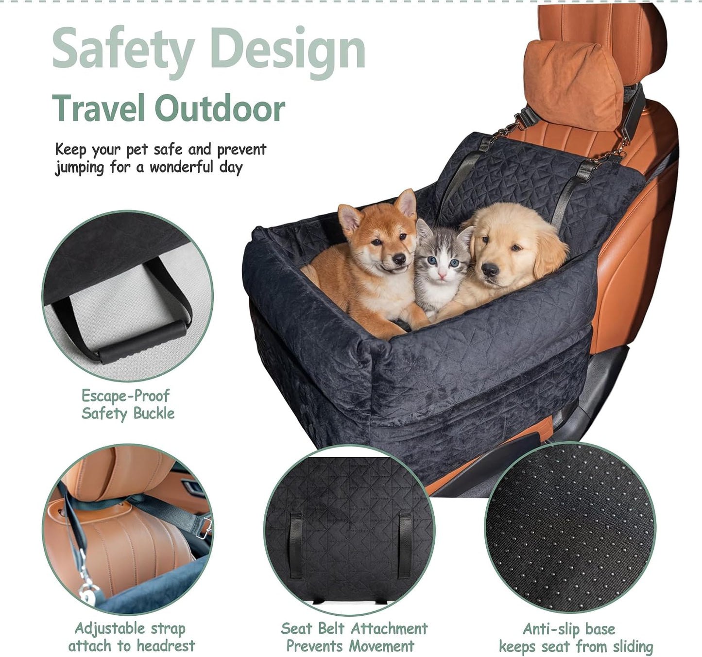 Dog Booster Car Seat for Small/Medium Dogs up to 100 lbs, 6" High Density Memory Foam Elevated Pet Car Bed Detachable and Washable with 2 Storage Pockets &amp; 2 Safety Belts (Black)