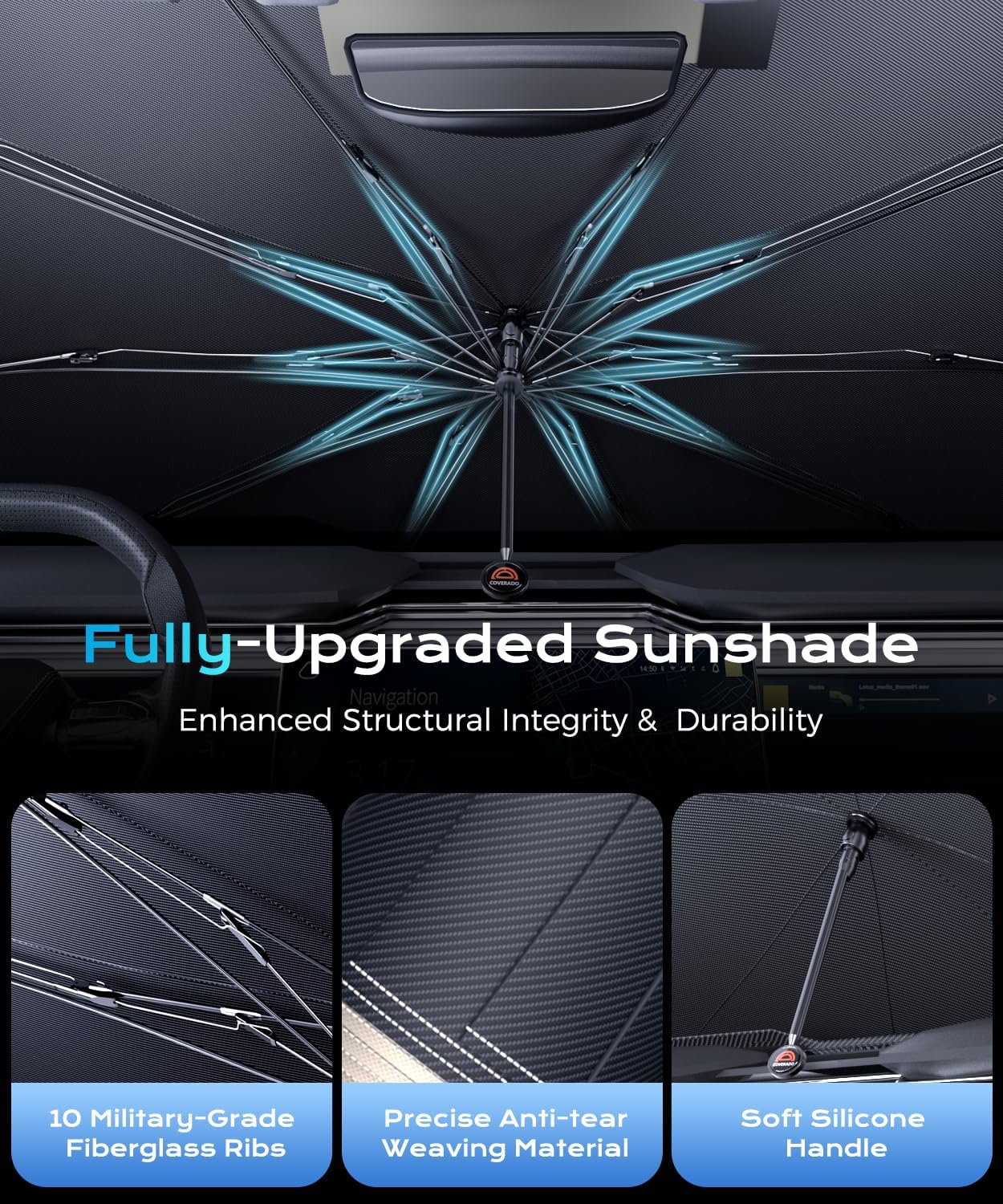 [2026 Upgrade] Coverado Windshield Sun Shade, UPF80+ Sunshade for Car Windshield Blocks Heat & UV Rays, Thickened Vinyl Coating Keep Cool Protect Interior, M 57”x32” for Sedans/SUVs
