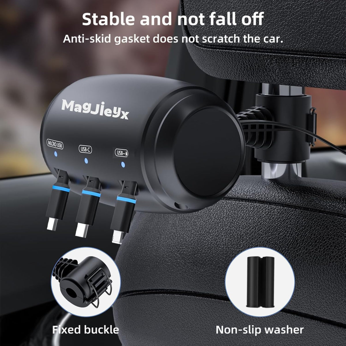 MAGJIEYX for Retractable Car Charging Station Box, 3 in 1 Headrest Fast Power Charging Dock Cord USB Type C Fits iPhone 17/16/15/14/iPad/Android/Samsung|Uber Lyft Backseat Passengers Share Rid