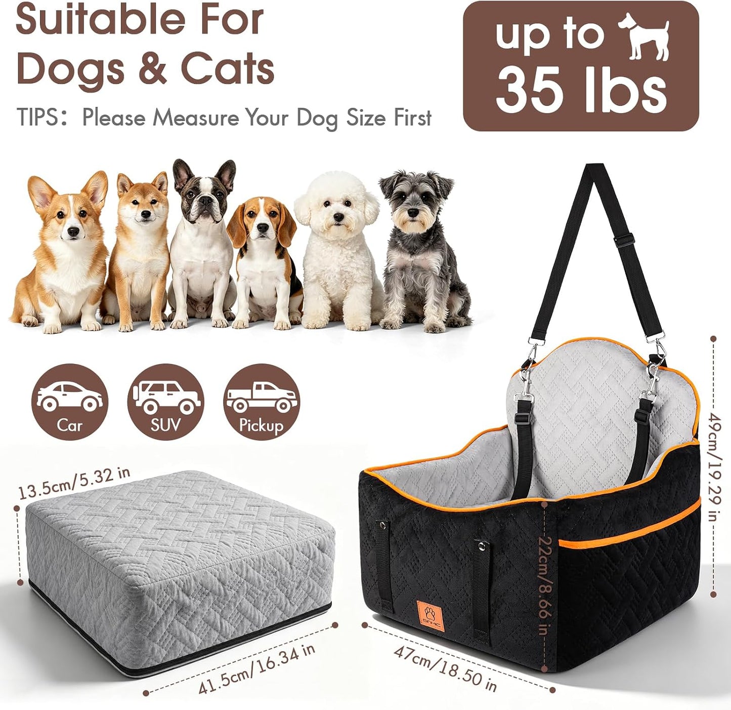 GINMIC Dog Car Seats for Small Medium Dogs up to 35 lbs – Dog Booster Car Seat with 5.3-Inch Memory Foam, Dual Safety Leashes, Detachable Washable Cover & Storage Pockets, Soft Travel Dogs Bed (Black)