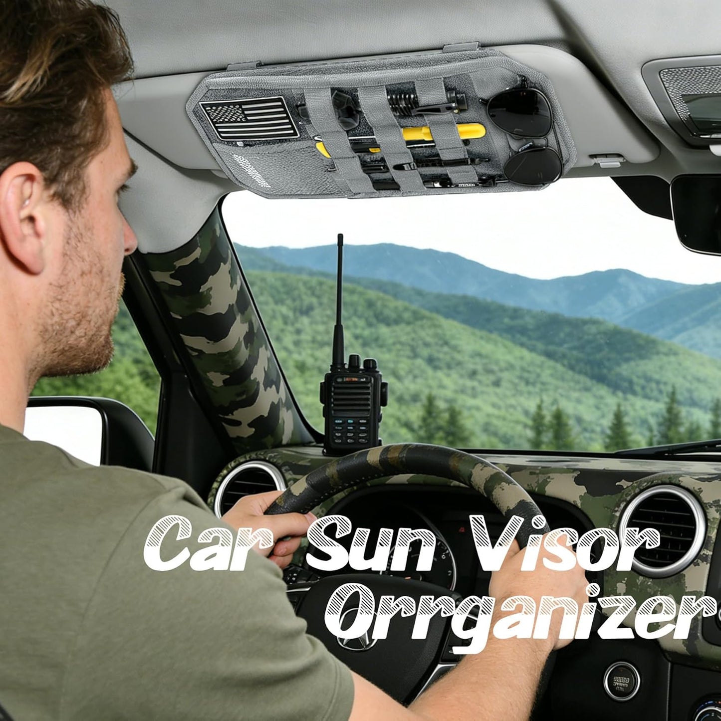 Car Sun Visor Organizer, Tactical Molle Panel Visor Storage Organizer with Sunglasses Holder for Police Gear & Overland Accessories, Universal Fit for Trucks, SUVs, Jeeps & Patrols, Grey