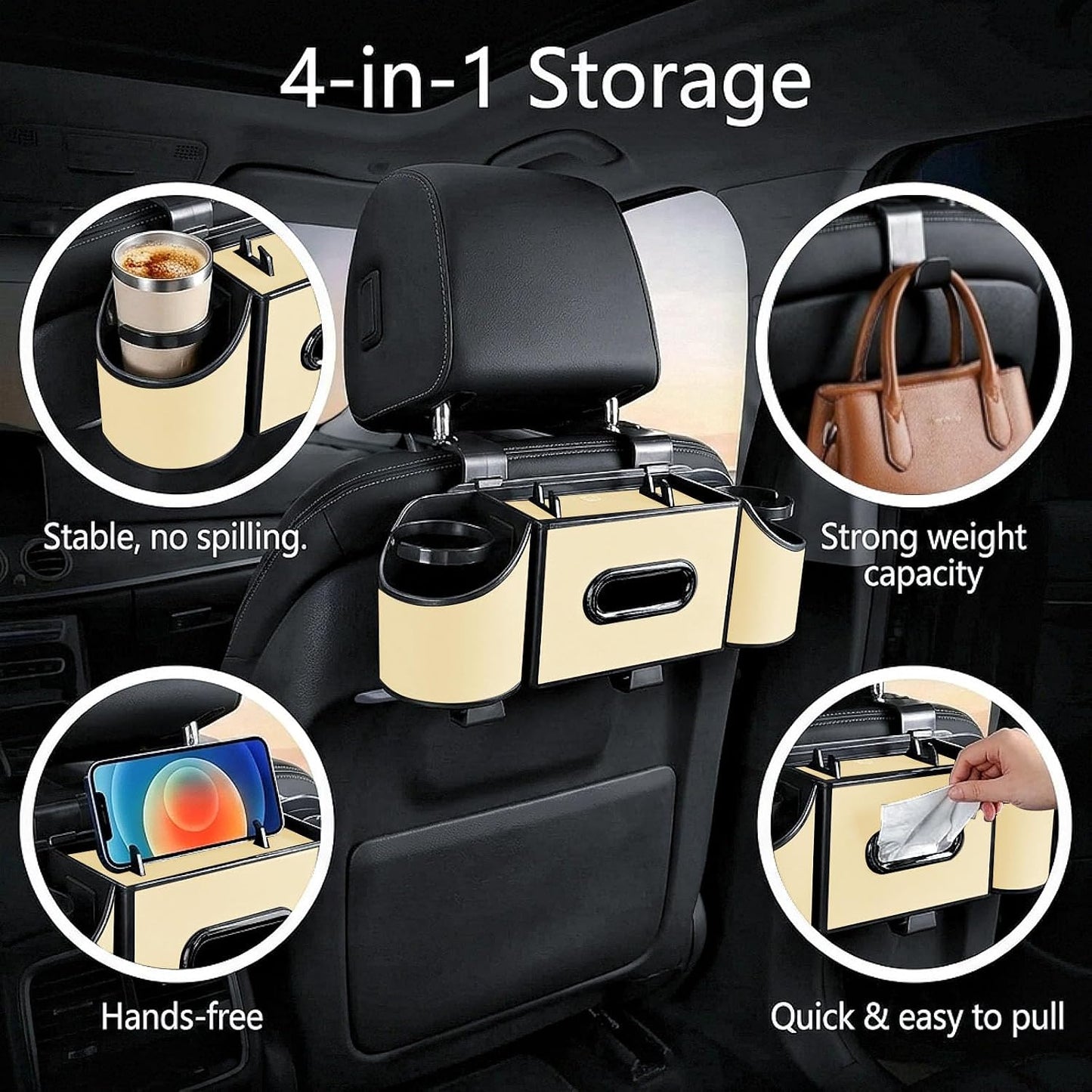 Back Seat Car Organizer, Nappa Leather Car Seat Organizer with Cup Holders and Tissue Box, Premium Hanging Storage Bag for SUV Truck Road Trip (Beige)