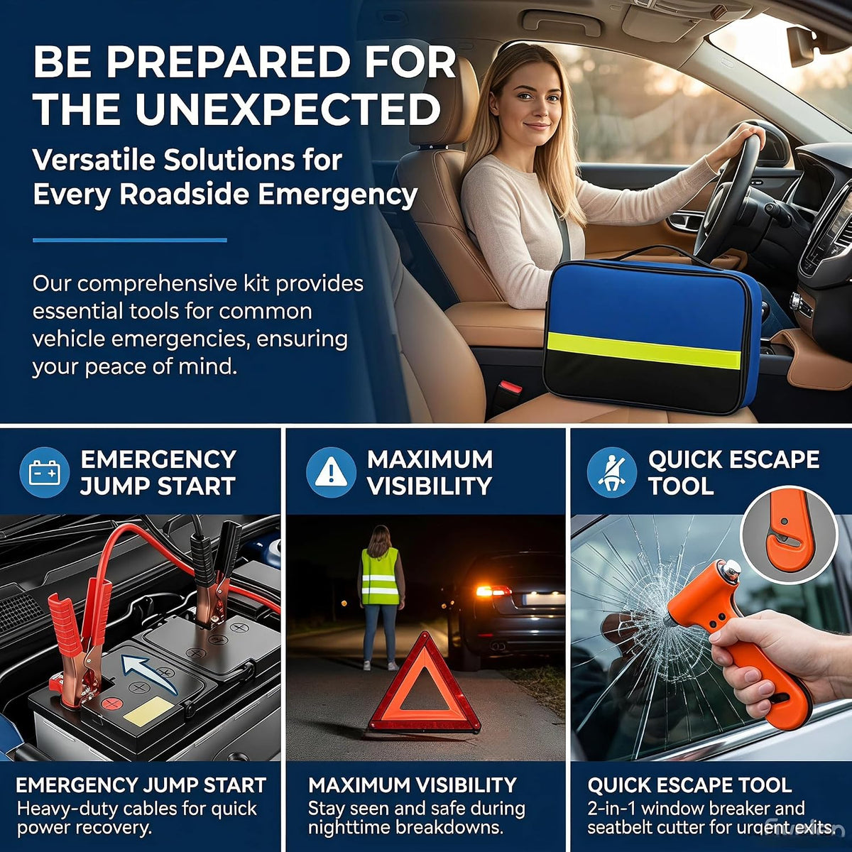 Car Roadside Emergency Kit with Jumper Cables & Tow Rope
