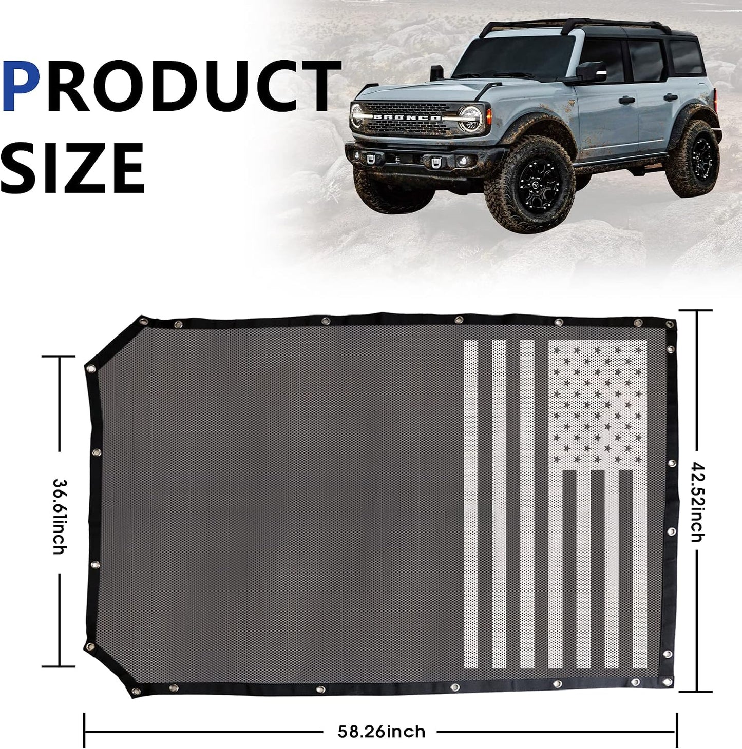 sukemichi Sunshade for Ford Bronco,Mesh Sun Shade Bikini Top Cover Bimini Top for Ford Bronco Accessories 2021 2022 2023 2024 2025 2026 4 Door - Blocks UV, Wind, Noise, (Flag)
