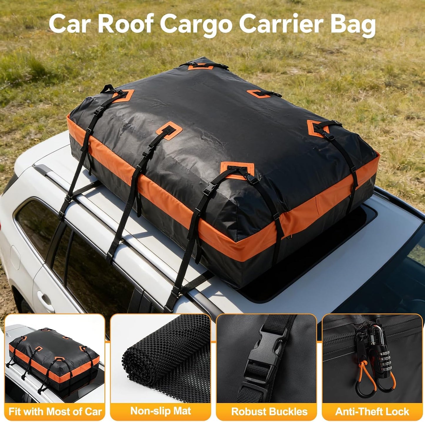 NEWBULIG Car Rooftop Cargo Carrier Bag, 20 Cubic Feet Heavy Duty Waterproof | for SUV, Van, All Vehicles with/without Rack. Includes Anti-Slip Mat, Reinforced Straps, 6 Door Hooks, Storage & Luggage Lock