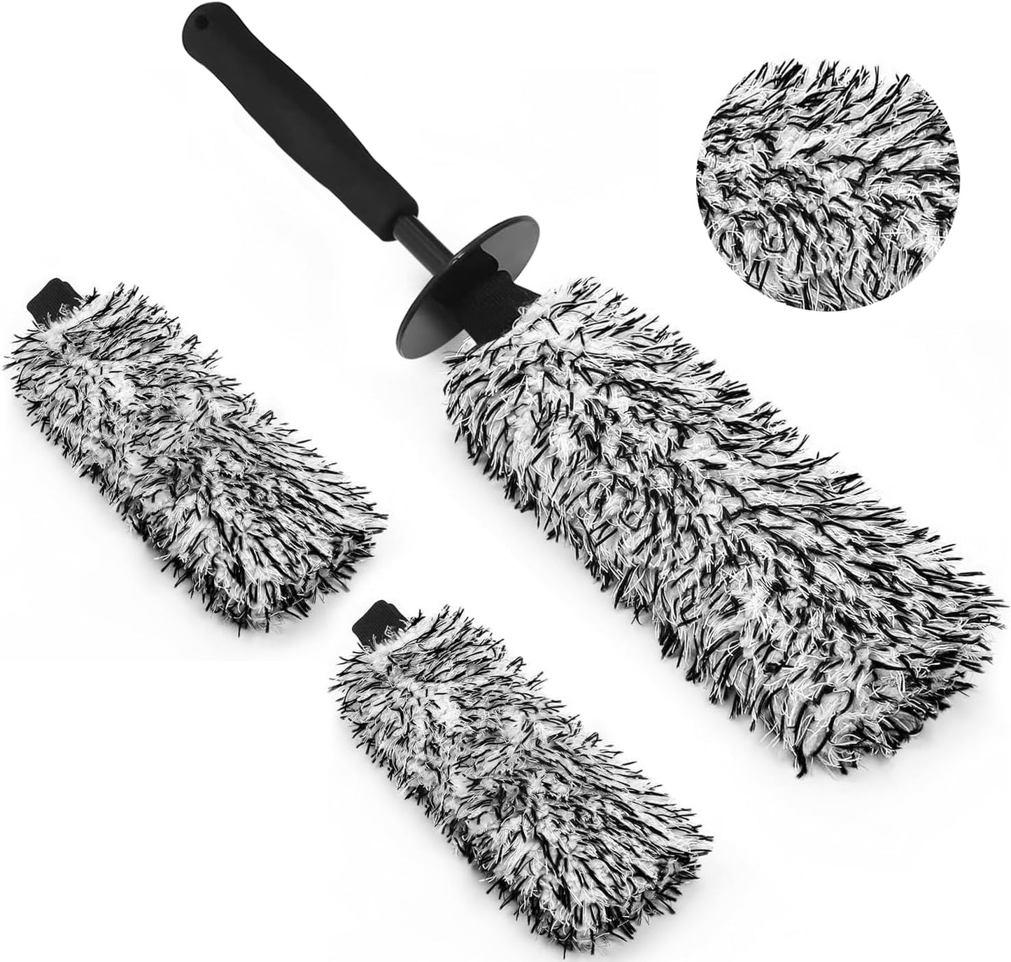 YeewayVeh 3PCS Wheel Cleaning Brush, Microfiber Flat Wheel Rim Cleaner Brush with 2 Extra Replaceable Cover, Car Cleaning Brush Kit for Wheels Tire Fenders Engine Exhaust Tips, Black&White
