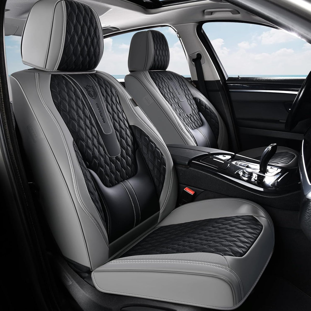 Coverado Car Seat Covers Full Set, Nappa Leather Seat Covers, Waterproof Car Seat Protector with Lumbar Support, Automotive Seat Covers Universal Fit for Most Cars SUV Trucks (Black-Gray)