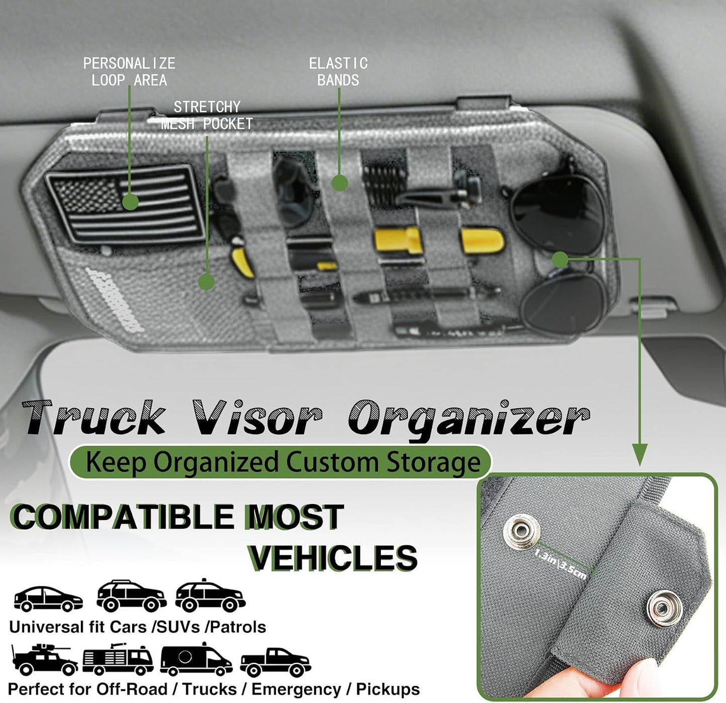 Car Sun Visor Organizer, Tactical Molle Panel Visor Storage Organizer with Sunglasses Holder for Police Gear & Overland Accessories, Universal Fit for Trucks, SUVs, Jeeps & Patrols, Grey