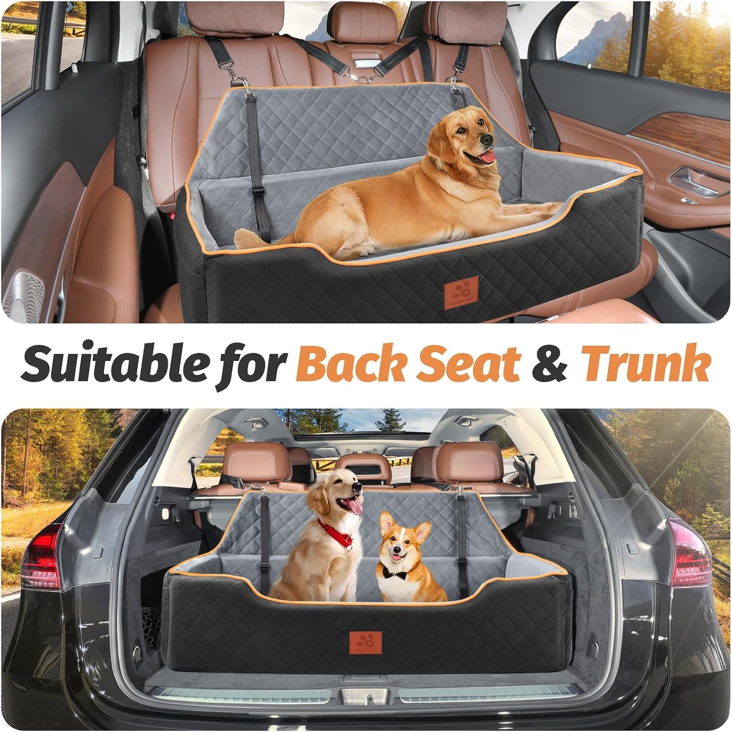 XIEEAOZEE Large Dog Car Seat, Memory Foam Dog Car Bed for Backseat & Trunk, Washable Pet Booster Seat Under 100 lbs or 2 Medium Dogs, Pet Travel Seat with Storage Pockets, 2 Safety Belts