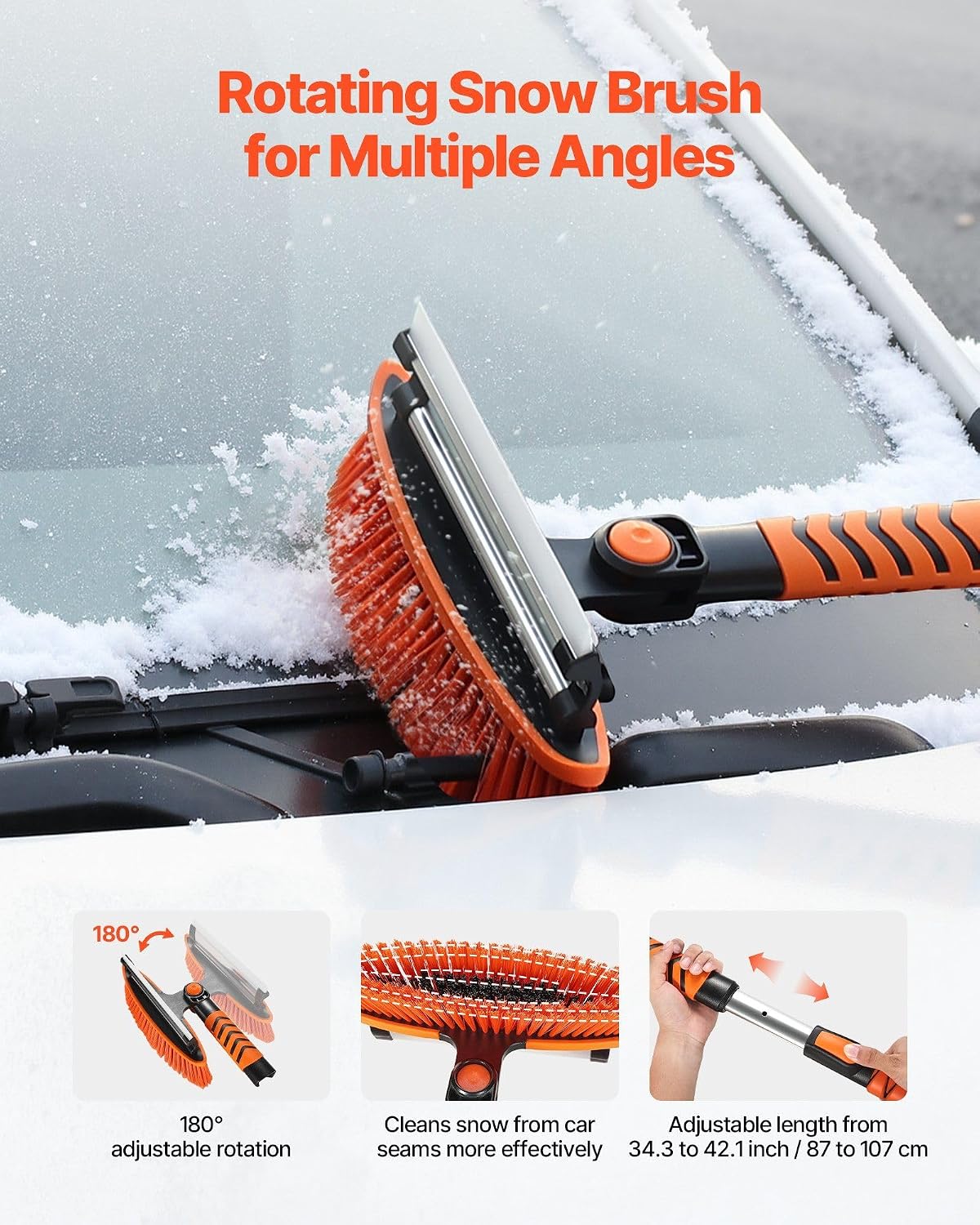 Snow Shovel and Snow Brush 42 in Extendable Snows Broom & Ice Scraper with 180° Pivoting Head Non-Slip Grip Portable Winter Snows Removal Tools for Cars Trucks SUVs Vehicle
