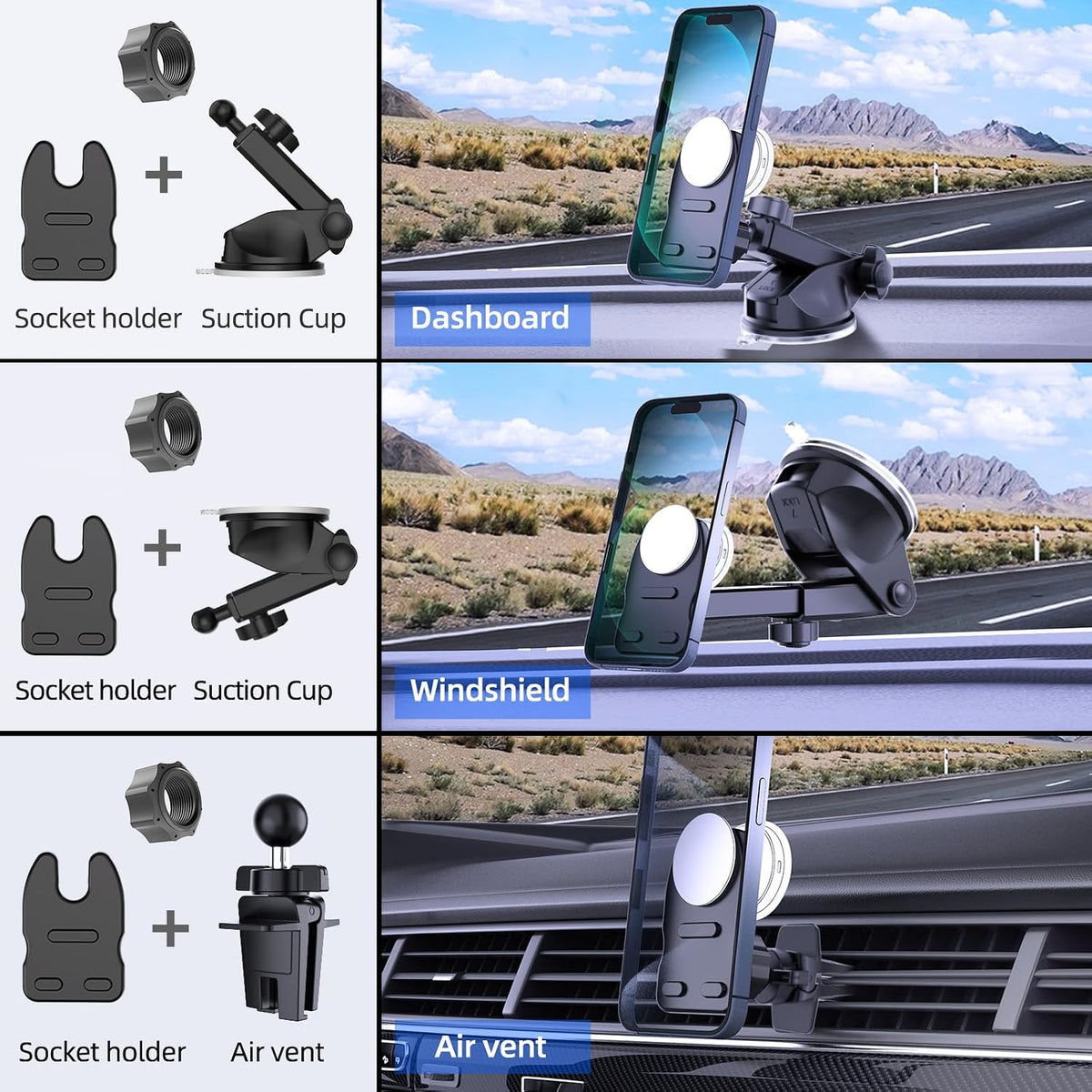 Socket Car Mount for Dashboard Air Vent Windshield,Car Phone Holder for Socket Grip with 2 Mounts,3 in 1 Stable Air Vent Clip Powerful Suction Cup Phone Holder Fit for All Car