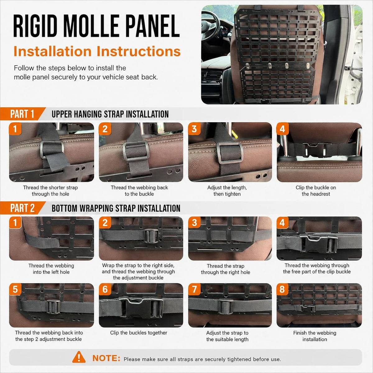Automotive Seat Back Organizer Rigid MOLLE Panel | Universal Fits Trucks, SUVs and Outdoor Adventures, Tactical Gear and Tool Storage