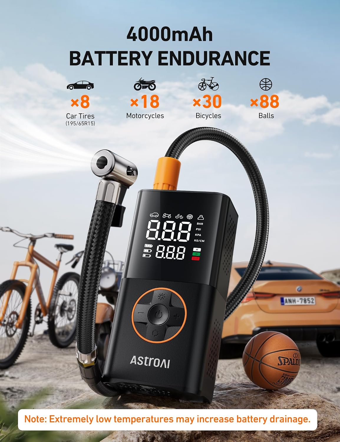 AstroAI L7 Tire Inflator Portable Air Compressor,150 PSI Cordless Mini Air Bike Auto Shut-Off Pump with Digital Display Pressure Gauge, Fast Inflation & LED Light for Car Tires,Motorcycles,Bikes,Balls