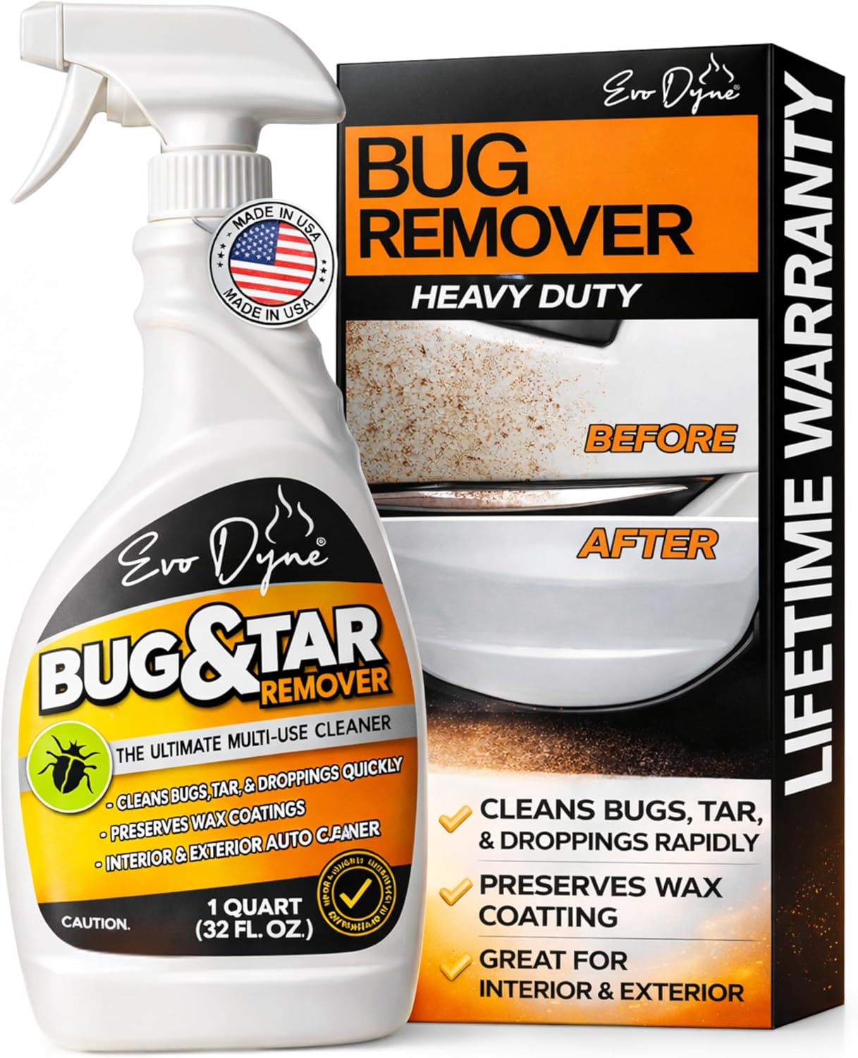 Evo Dyne Bug Remover for Car Detailing (32 fl oz Per Bottle), Made in the USA - Car Interior Cleaner Removes Tar, Droppings, Guts, Dirt, Grease | Ultimate Tree Sap Remover