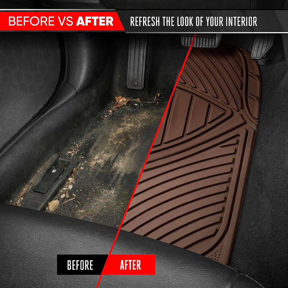 Motor Trend FlexTough Performance All Weather Rubber Car Floor Mats - 3 Piece Floor Mats Automotive Liners for Cars Truck SUV, Heavy-Duty Waterproof (Brown)