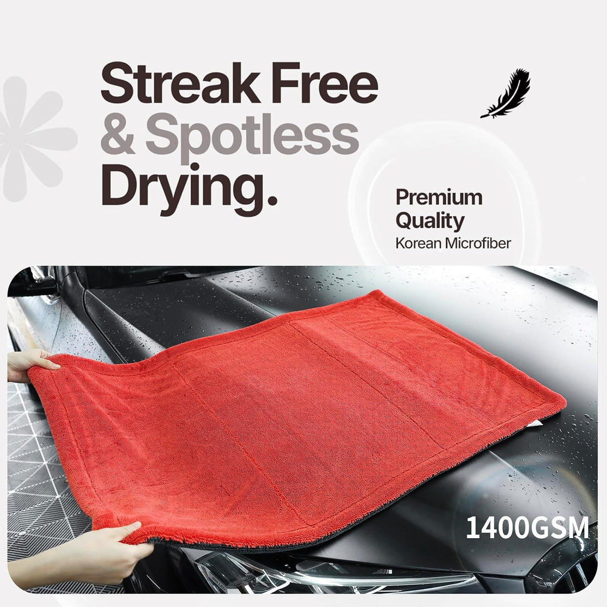 1400 GSM Car Drying Towel - 24x36 Inch Microfiber Twist Loop Towel for Cars, Ultra Absorbent Auto Detailing Towel, Scratch Free Streak Free, Red & Grey, 1 Pack