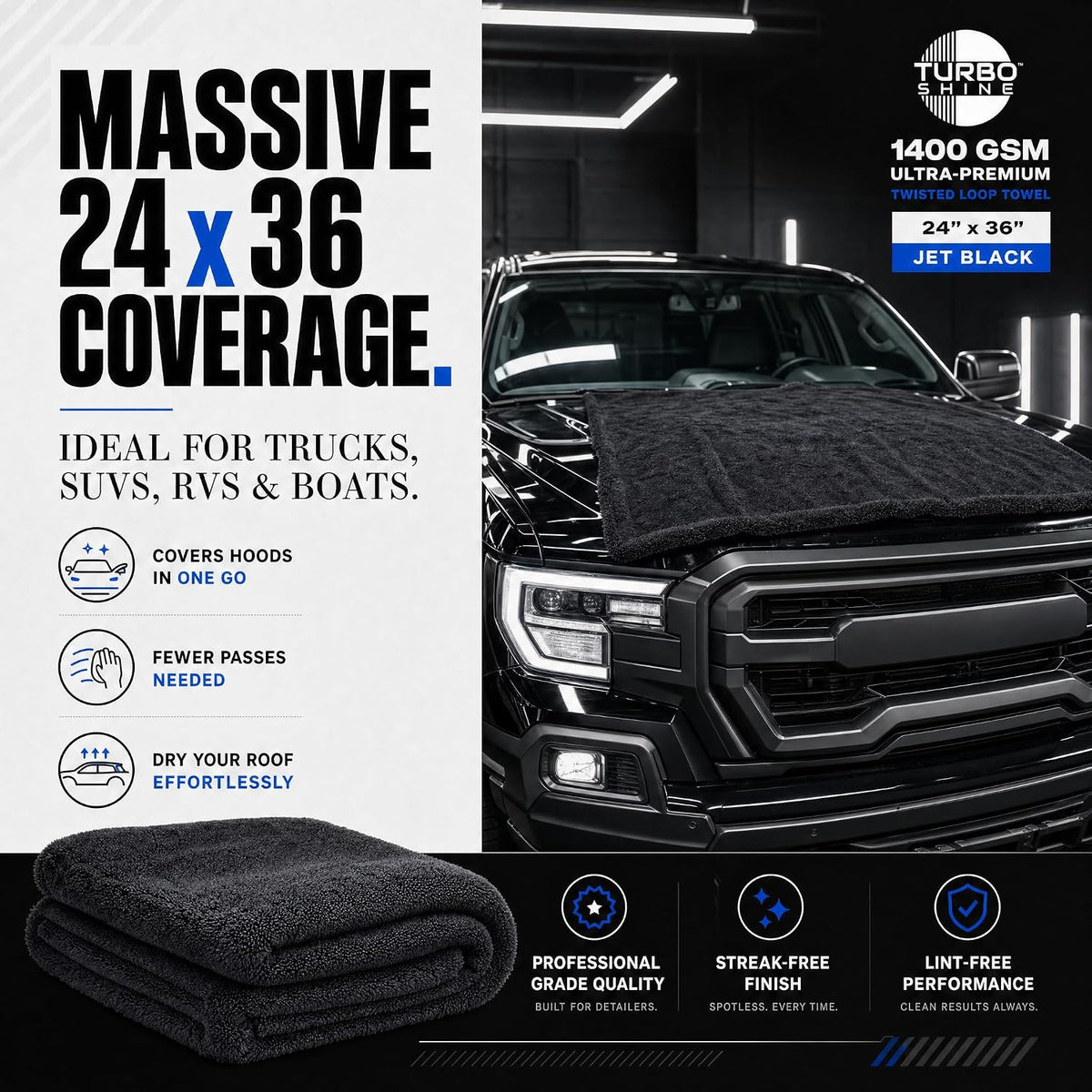 1400 GSM Microfiber Car Drying Towel, Twisted Loop, Streak-Free, Lint-Free, 24x36 Inch Ultra Premium Car Wash Towel (1, Jet Black, 24" x 36")