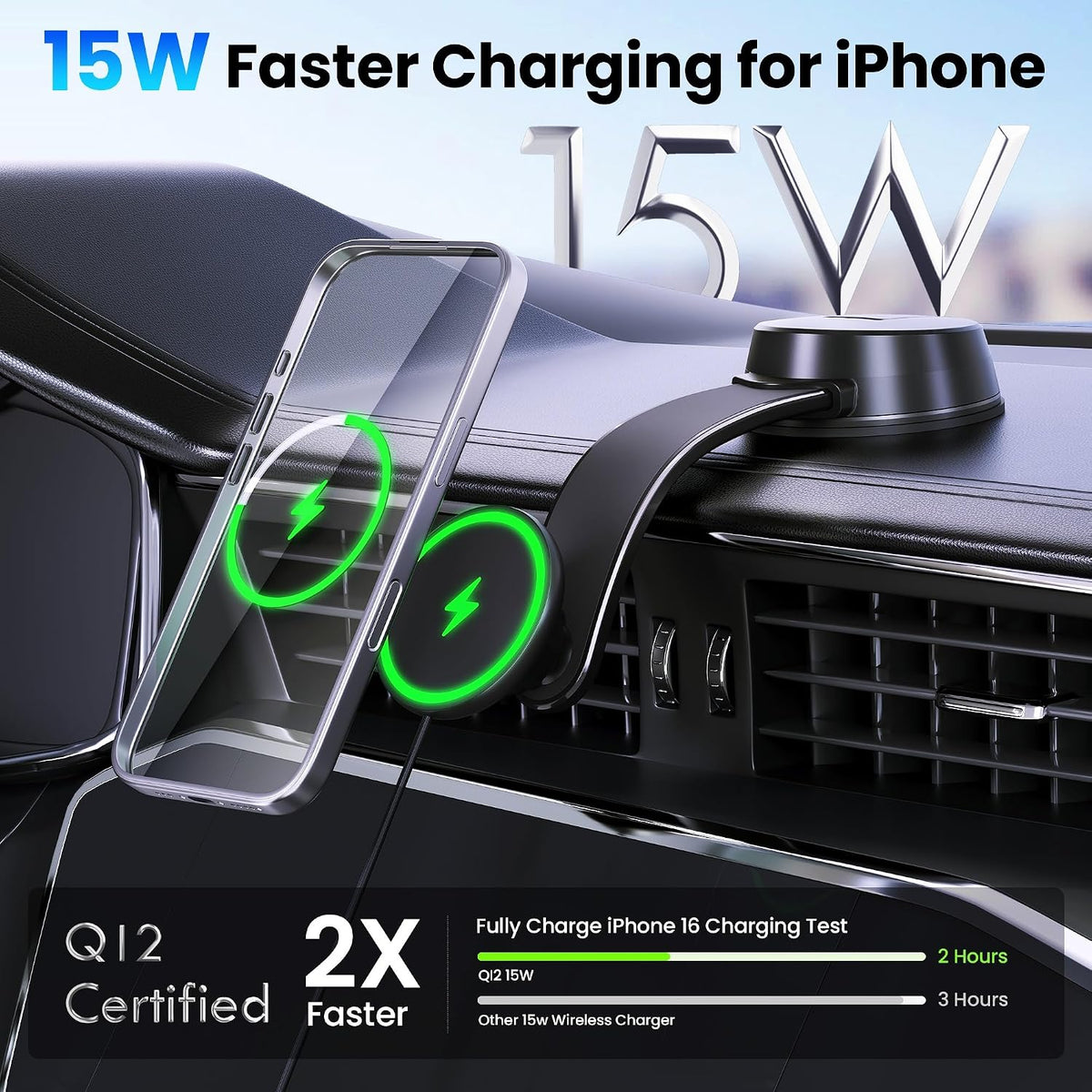 Upgrade [Qi2-Certified] 15W for MagSafe Wireless Car Charger Mount, 2XFast Charging[90+LBS Safe Suction] Magnetic Phone Holder Dashboard Windshield for iPhone 17/16/15/14/13/12 Pro Max,Black