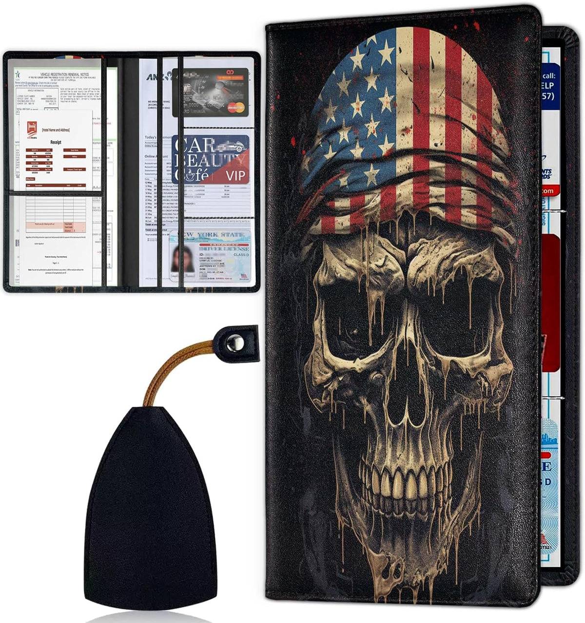 Car Document Holder with Magnetic Shut, Car Registration & Insurance Card Holder, Waterproof PU Leather Glove Box Organizer Vehicle Accessories Driver License for Women/Men, American Flag Skull
