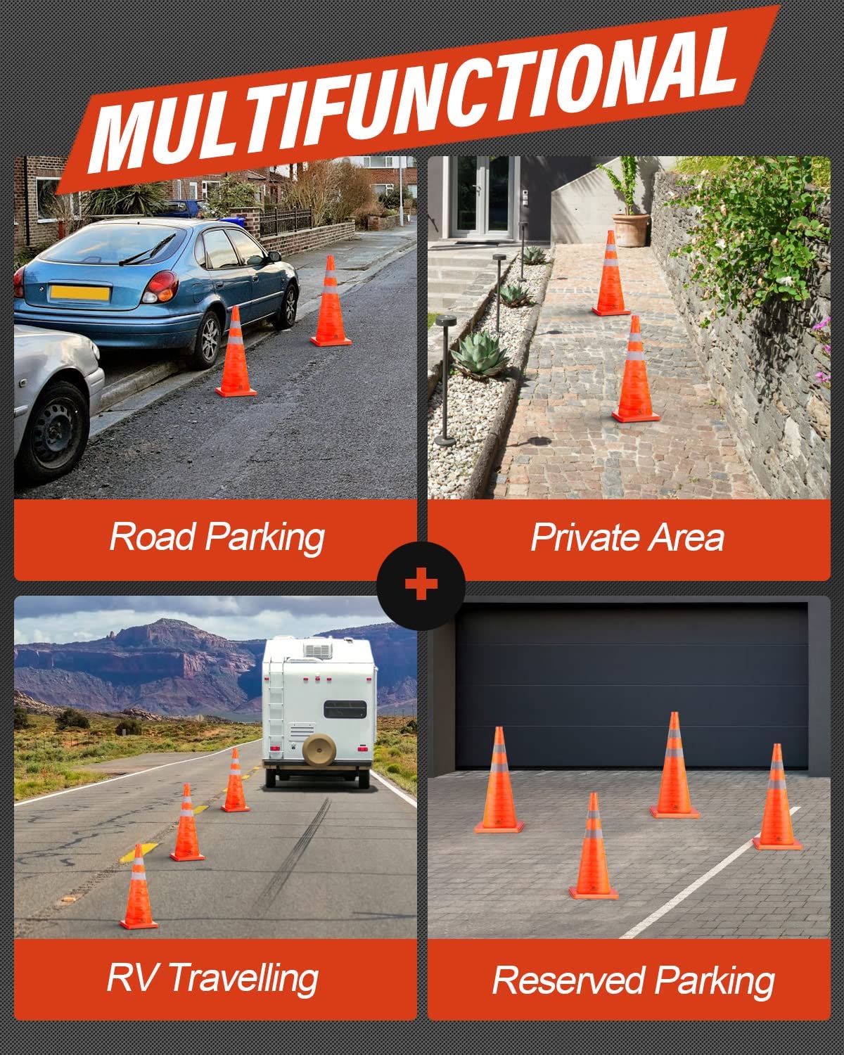 RoadHero 18 Inch 4 Pack Collapsible Traffic Safety Cones with Bag, Orange