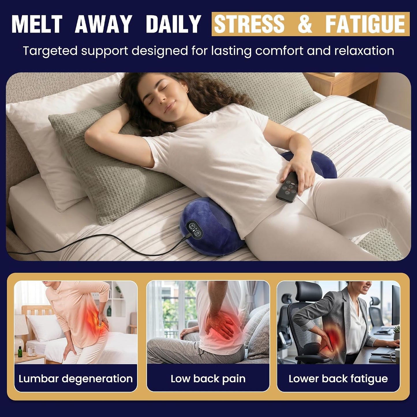 2026 Upgraded 4 in 1 Electric Lumbar Support Massager Pillow with Remote Control, Triple Fusion Back Massager with Stretching Vibration And Heat for Lower Back Pain Relief for Office, Bed, Car, Sofa