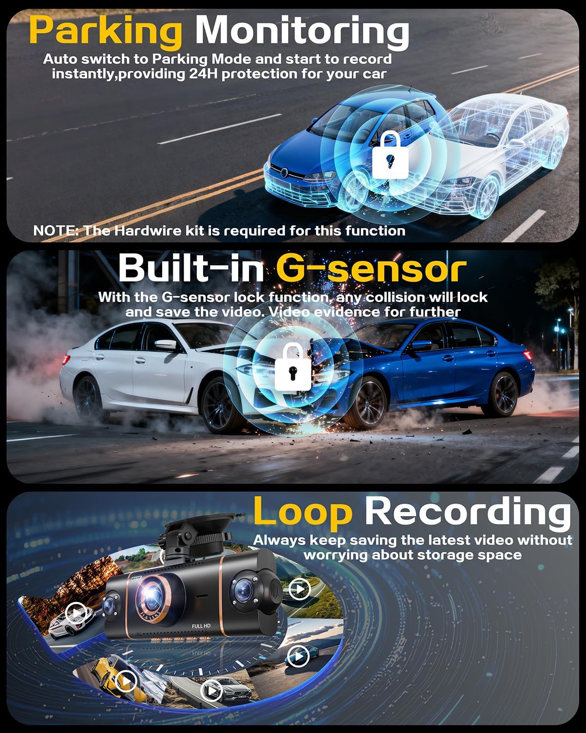 4K Dash Cam Front and Rear, WiFi Dash Camera for Cars with App