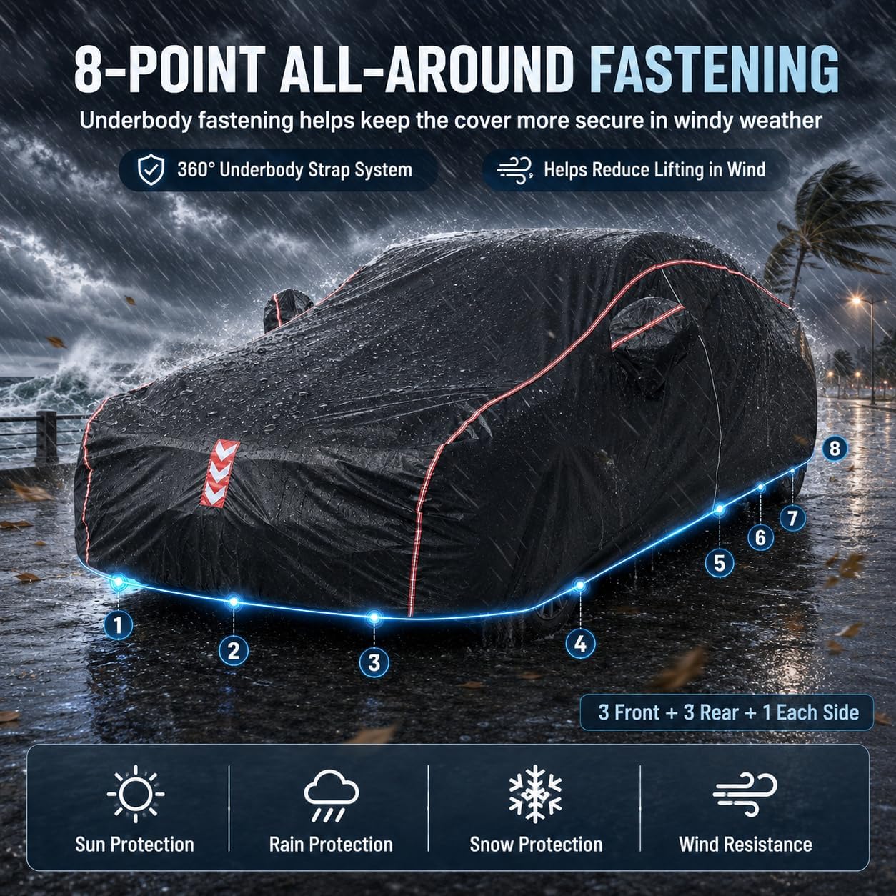Car Cover Waterproof All Weather, 8-Point Fastening for Sedans 186-193 in | 8-Point Fastening, 120s Quick Setup, 600D Oxford Fabric, All-Weather Protection
