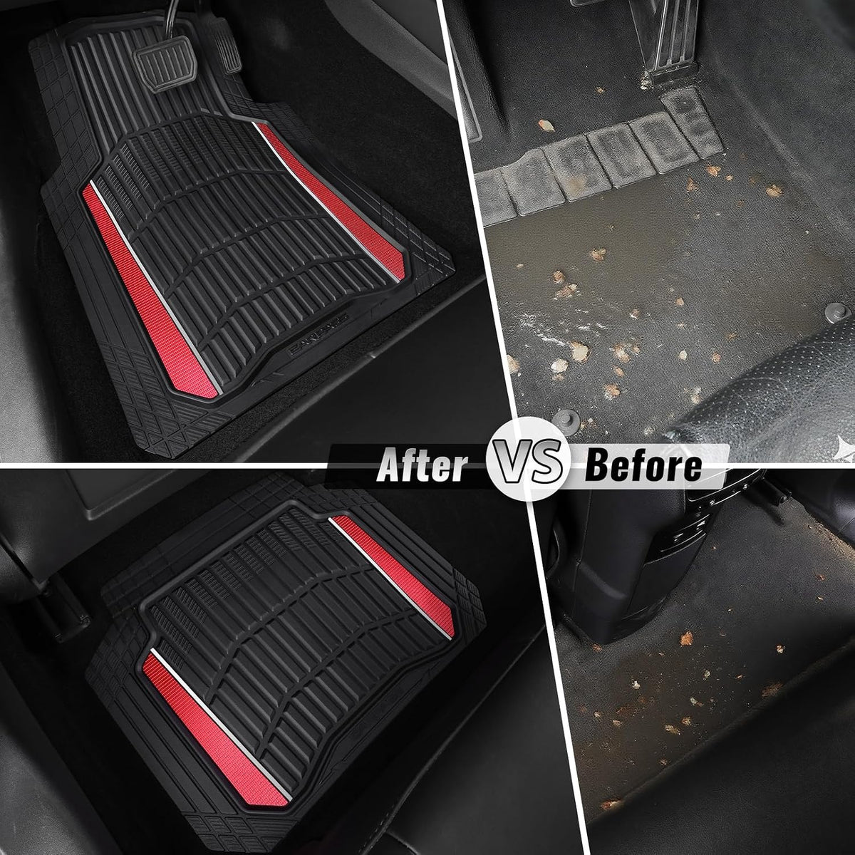 CAR PASS Heavy Duty Rubber Car Floor Mats, Deep Waterproof Car Floor Mats All Weather, Aluminum Film Floor Mats for Cars Non-Slip Universal Trim to Fit for SUVs Trucks Sedans Vans, Black Red Metallic