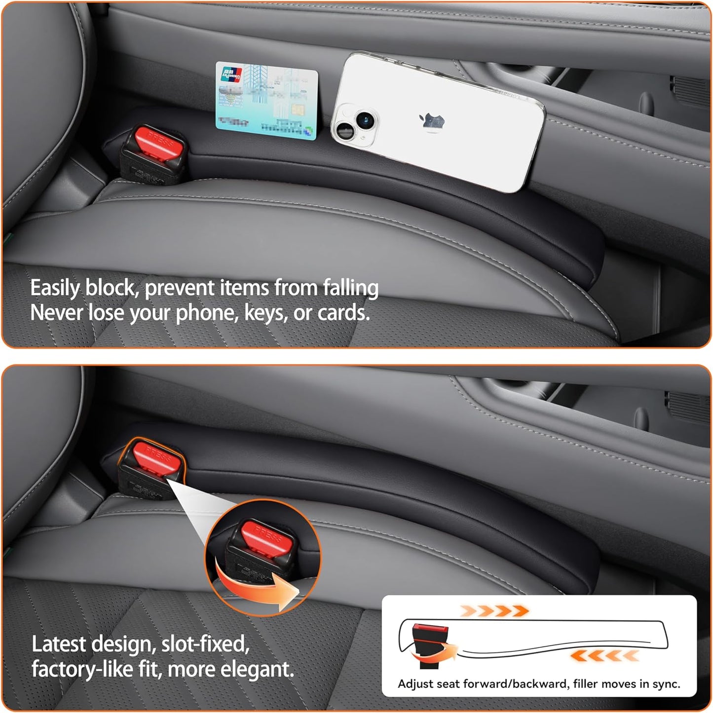 Car Seat Gap Filler 2 Pack, Faux Leather Strip/Plug Console Blockers for Cars, Trucks, SUVs, Adjustable Width 1.4–2.4 Inch, Universal Fit Prevents Items Falling Between Seats