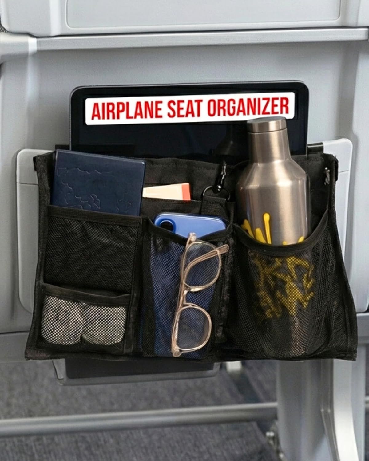 Airplane Seat Organizer to Clip onto Airplane Seat Pocket | Travel Essentials Accessory with Improved Universal Compatibility (15 x 9 Inches)