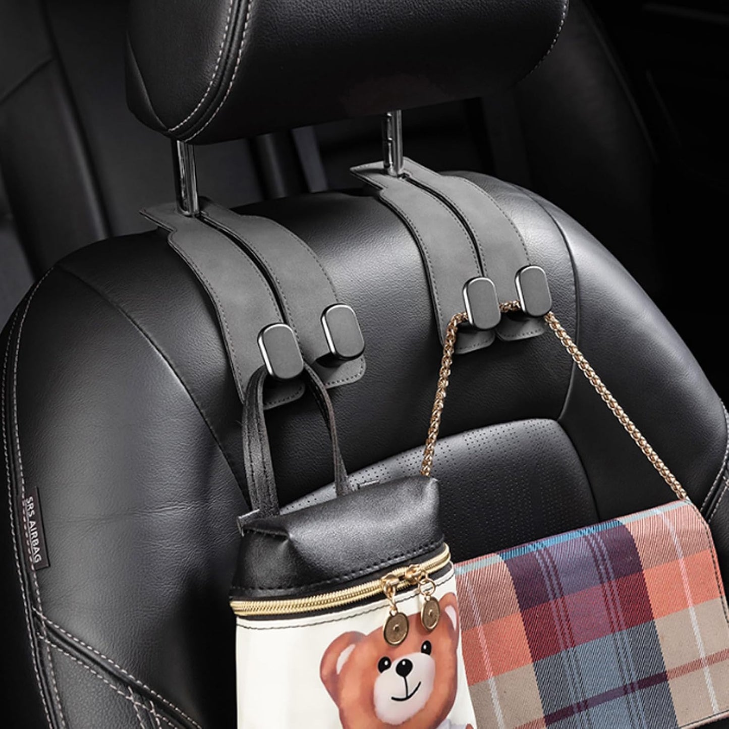 Amelity Car Headrest Hooks, Purse Hook for Vehicle 2 Pack Gray | Universal Car Interior Accessories for Women, Available in 2/4 Pack, Storage Hanger Holds Purses, Backpacks, Grocery Bags