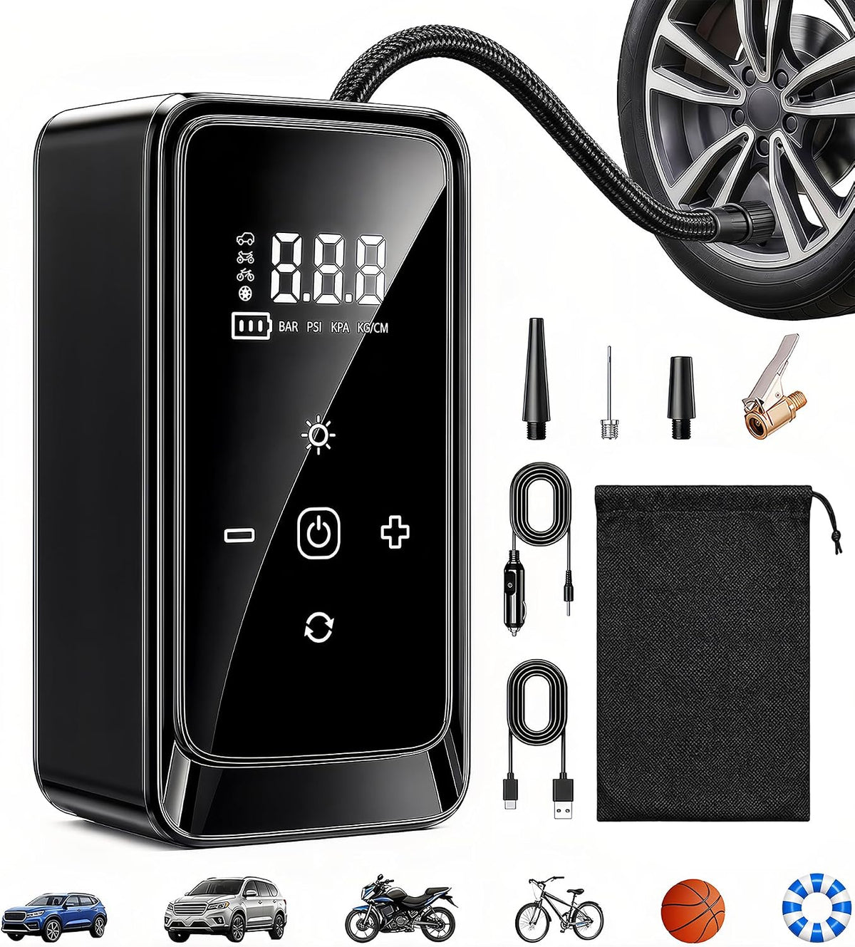 Tire Inflator Portable Air Compressor, Dual Power 12V DC/Rechargeable