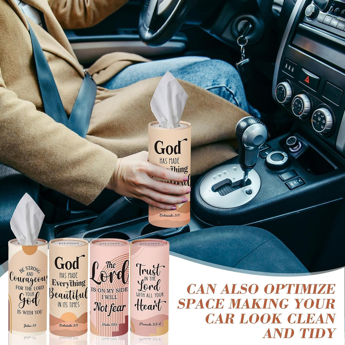 Outus 12 Pack Christian Car Tissues Cylinder Holder with Facial Tissue Bulk Round Bible Verses Napkins Container for Car Home Travel Prayer Church Gifts, 6 Designs