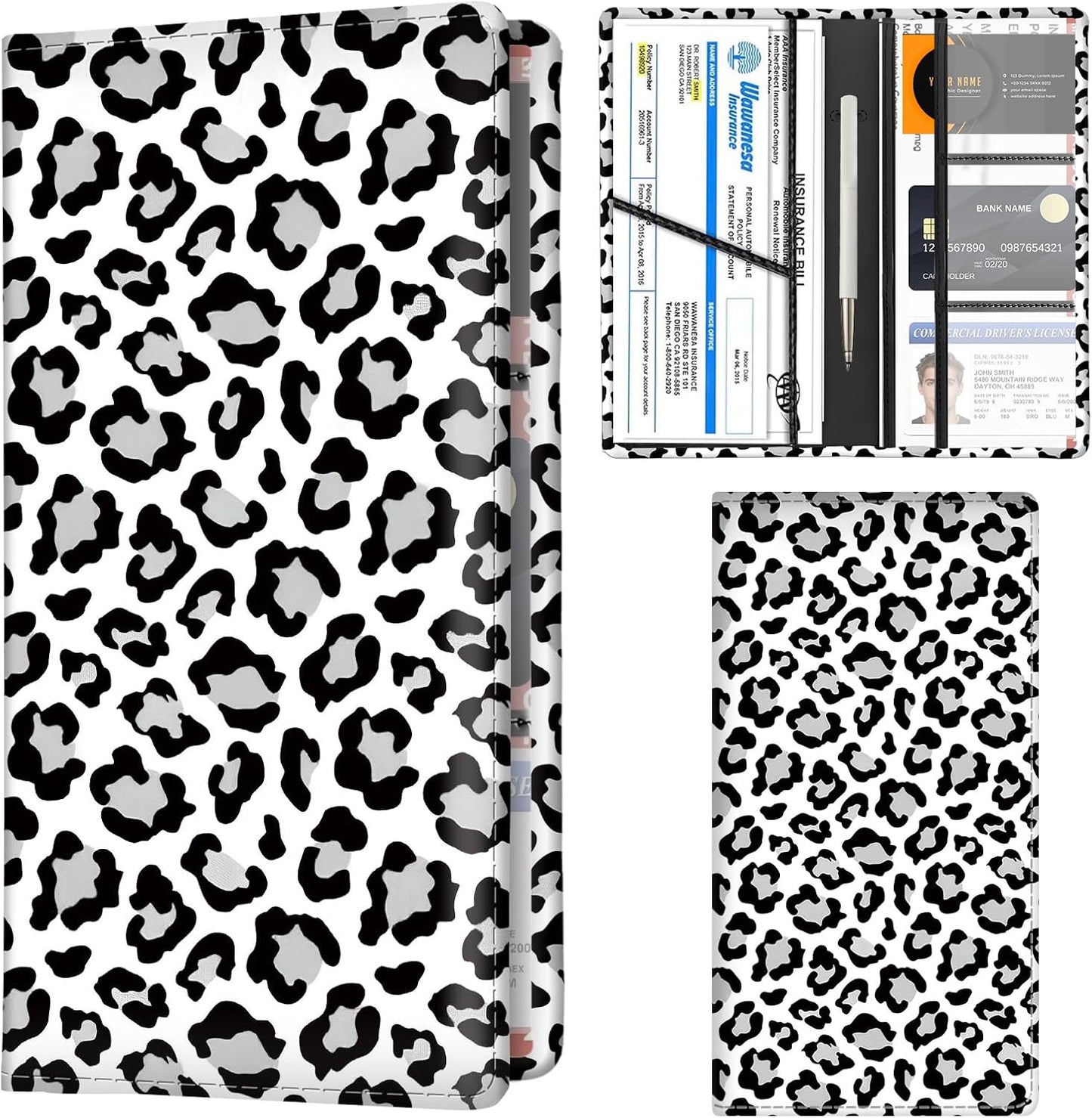 Car Registration and Insurance Holder with Magnetic Shut, Cute Vehicle Glove Box Car Organizer, Premium Interior Car Accessories for Women Men Luxury White Leopard